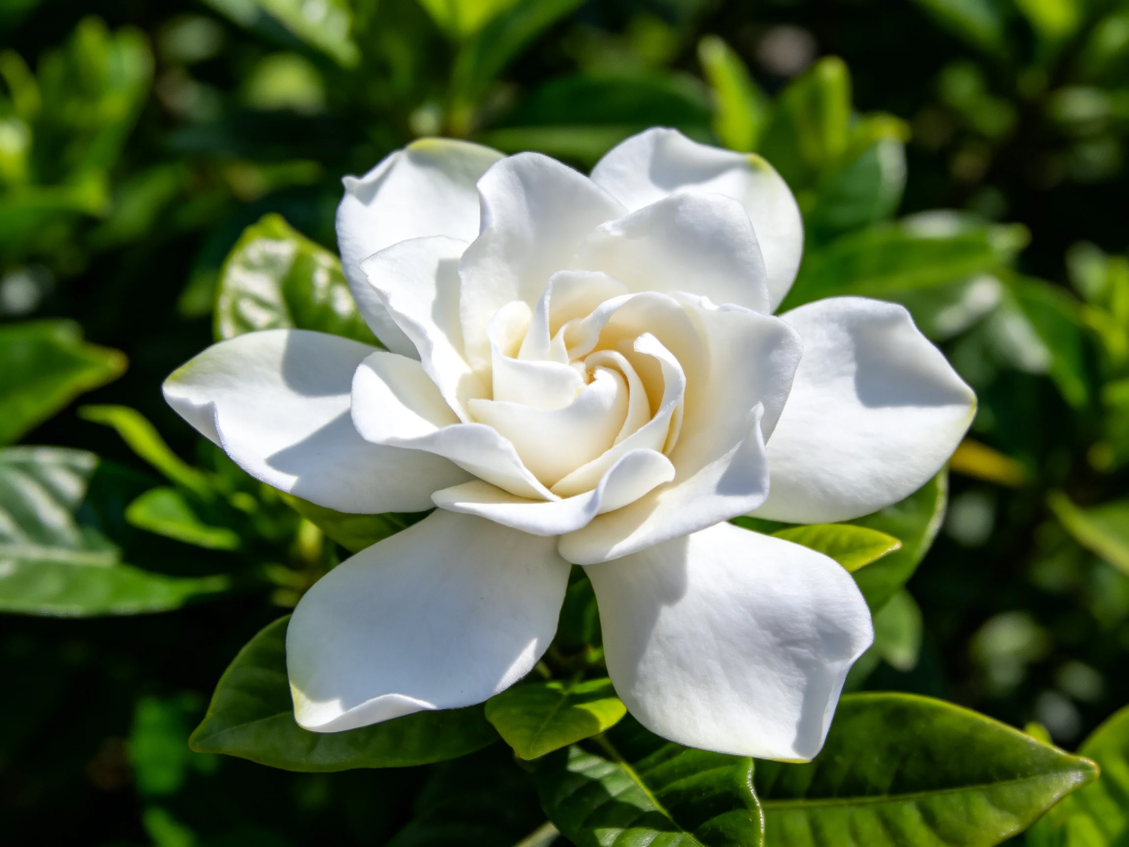 Single white gardenia flower surrounded by lush green foliage