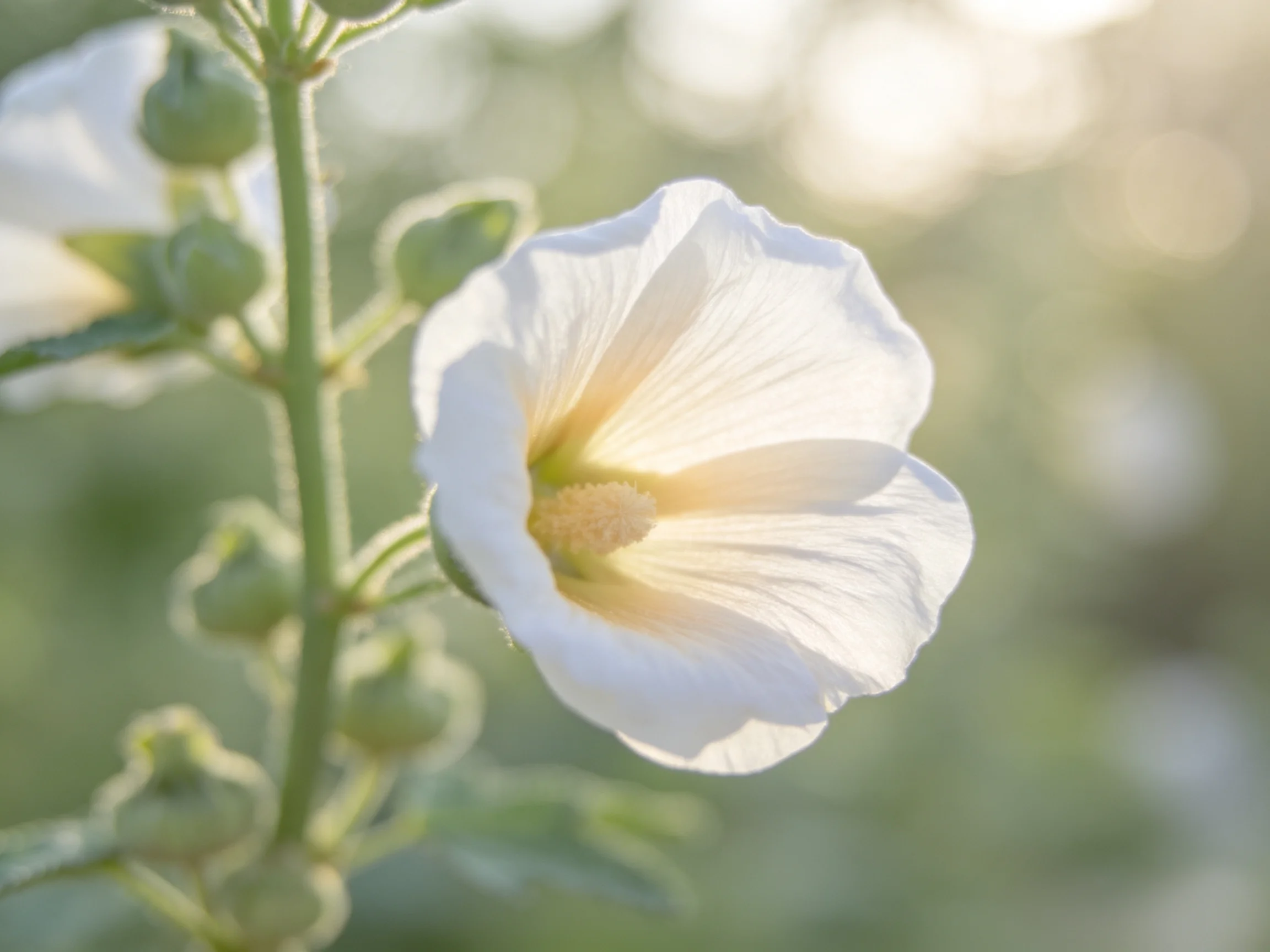 Single white hollyhock flower with green buds in soft natural light