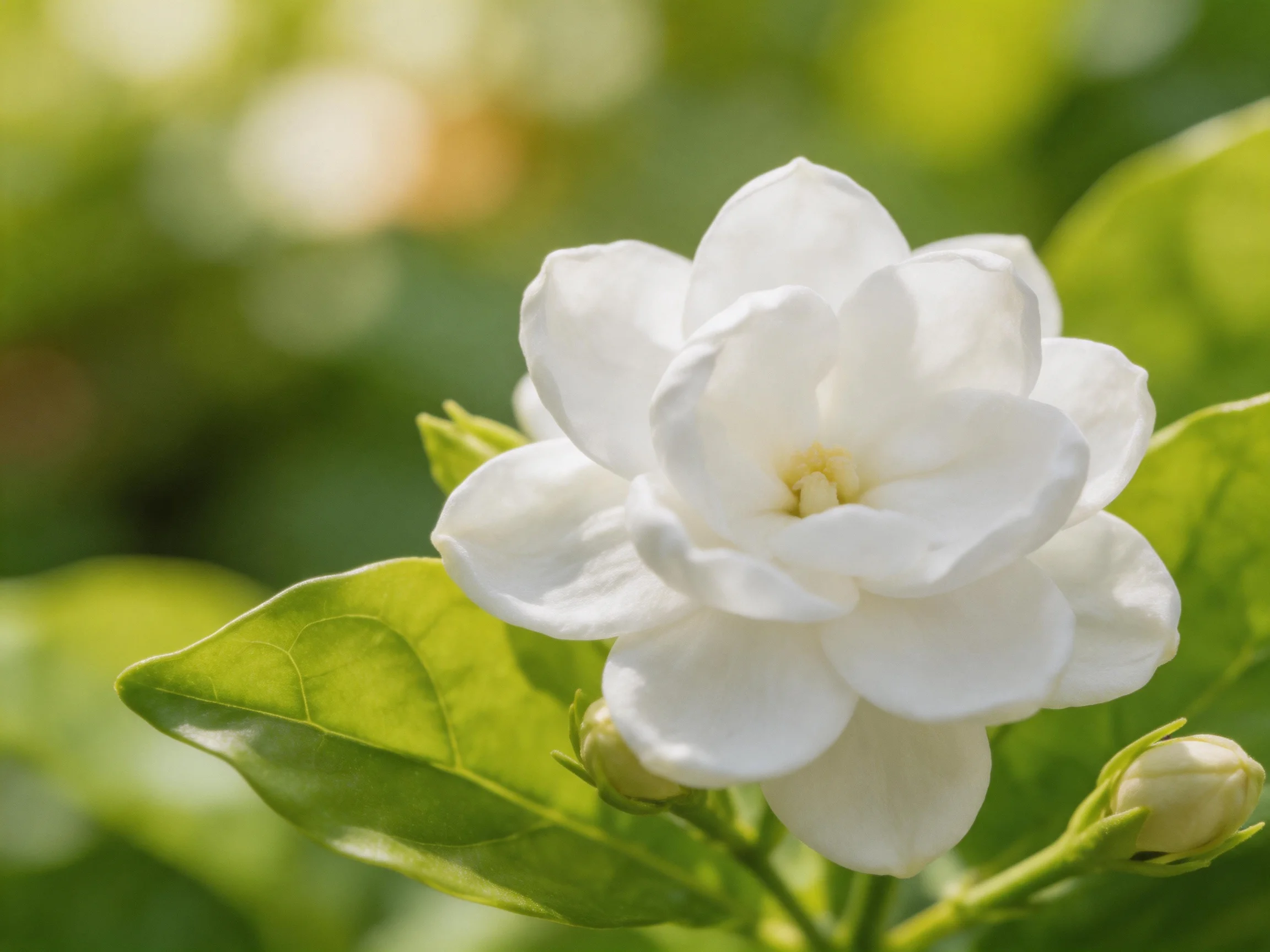 Single white jasmine flower with lush green foliage