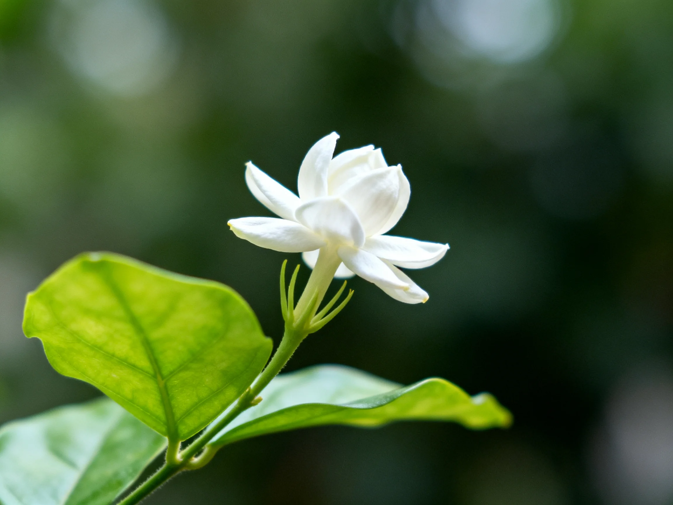 Single white jasmine flower with vibrant green leaves against blurred green foliage