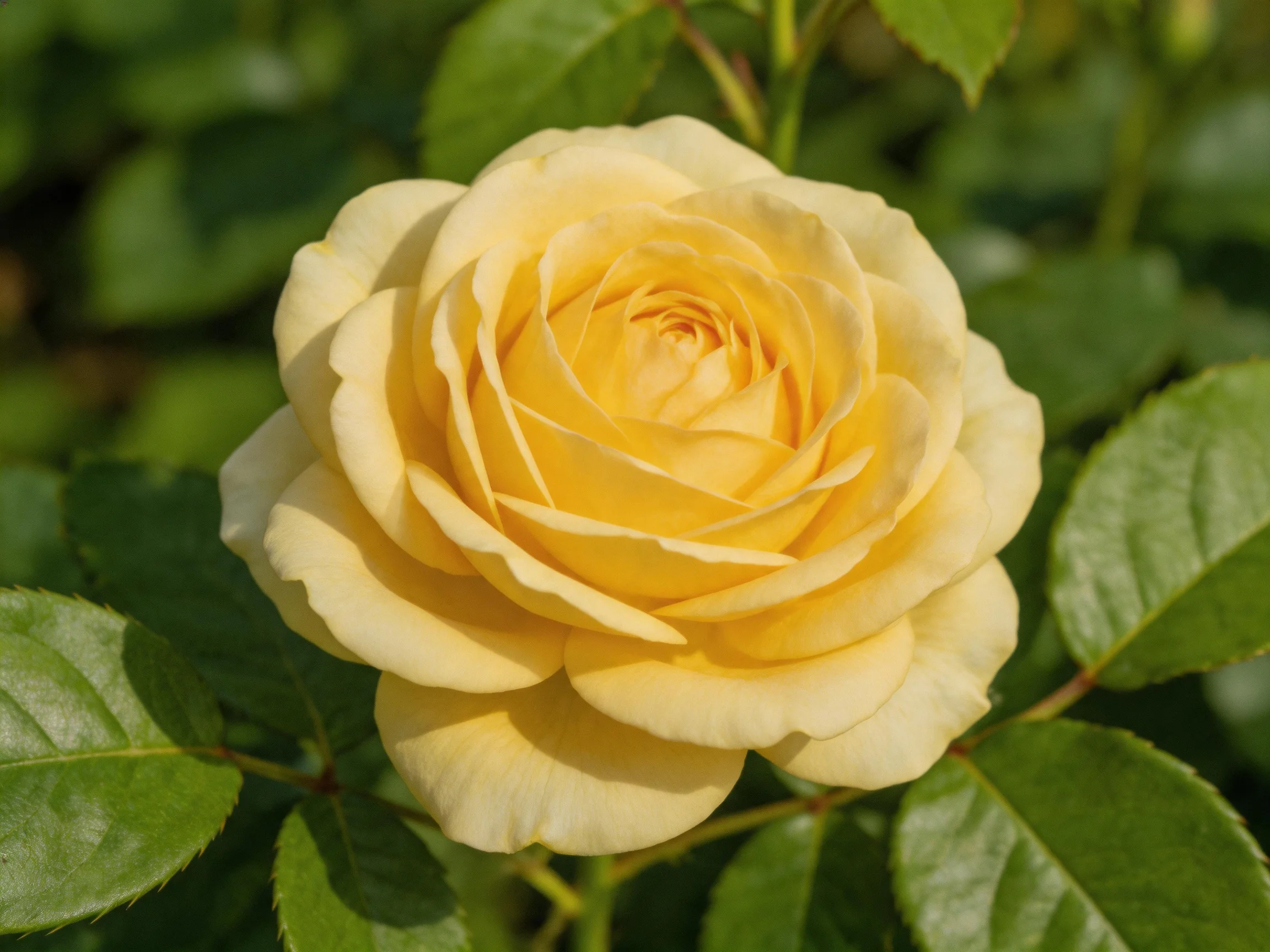 Single yellow rose with green foliage