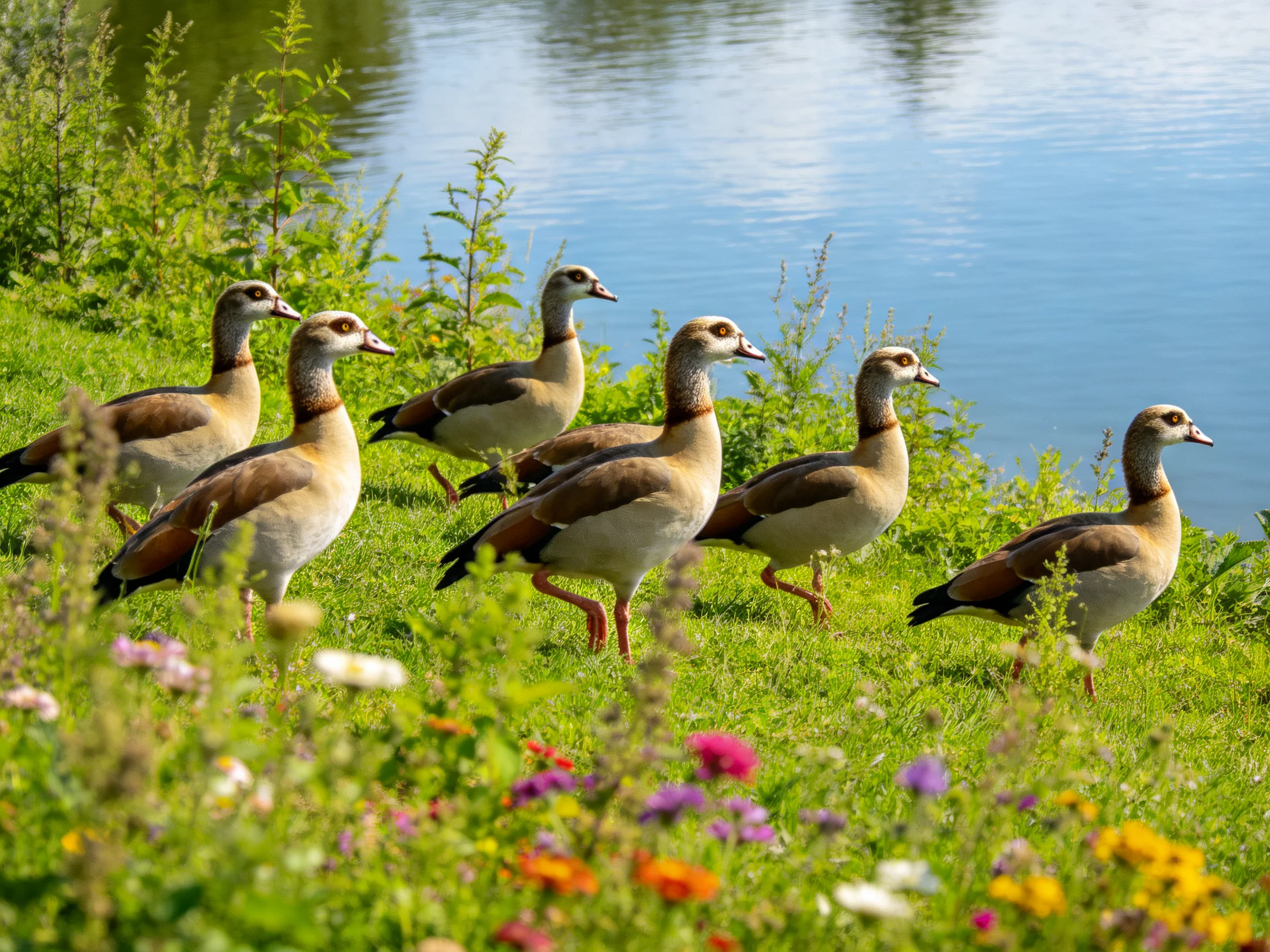 Six Egyptian geese stroll along a lush lakeside with colorful blooms
