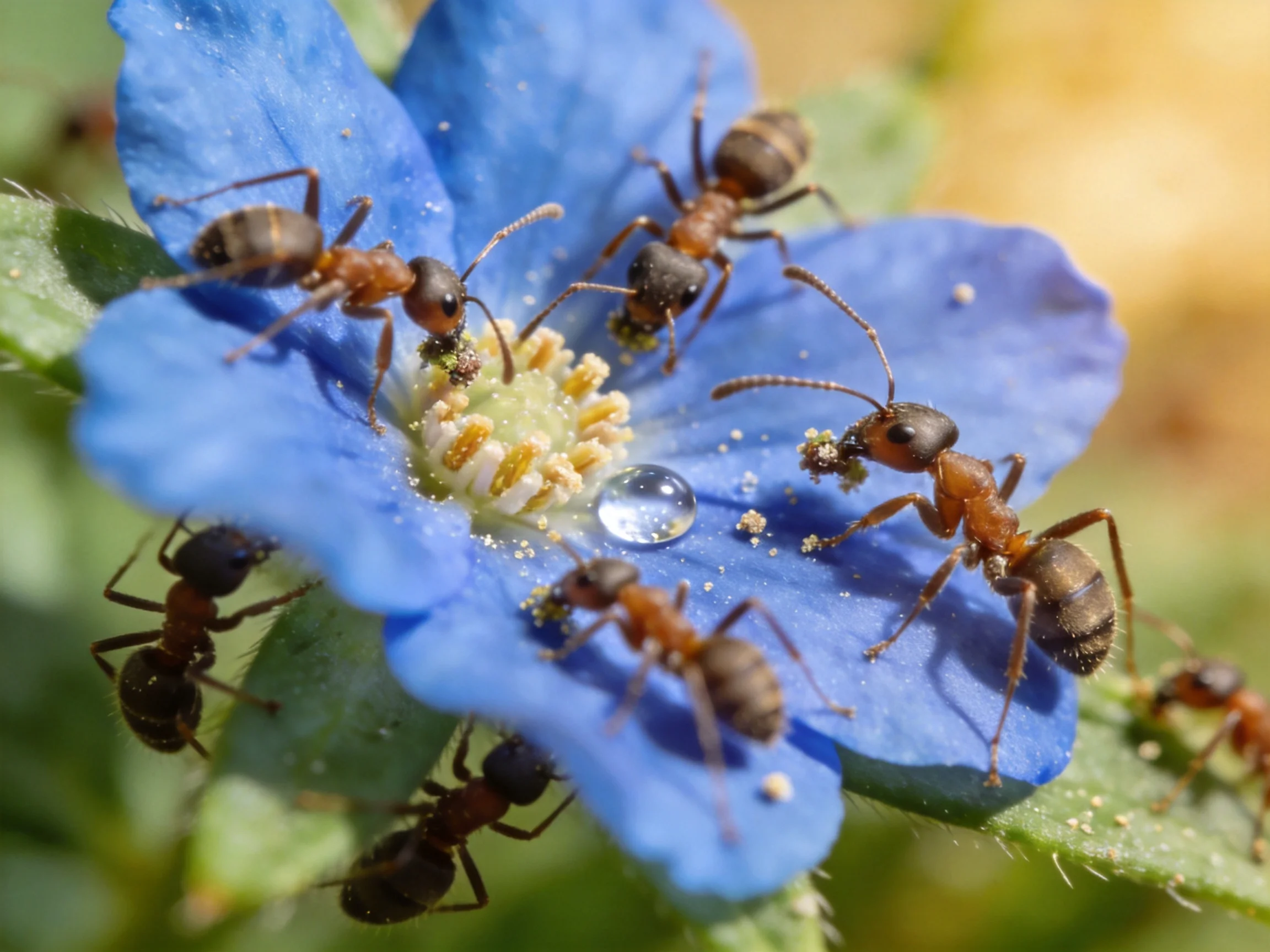 Six ants explore a vibrant blue flower with a central water droplet