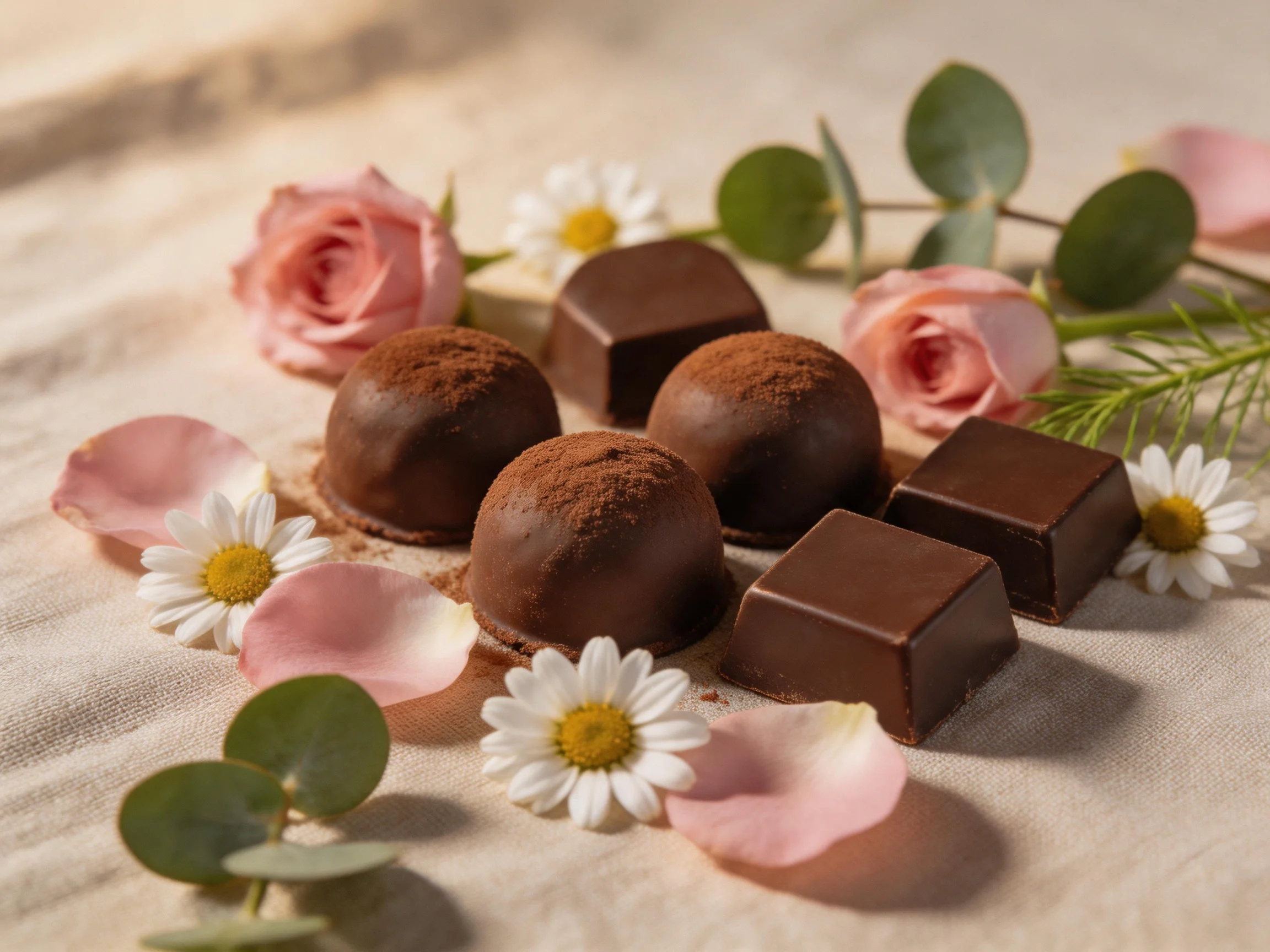 Six assorted chocolates, pink roses, and white daisies on a beige cloth