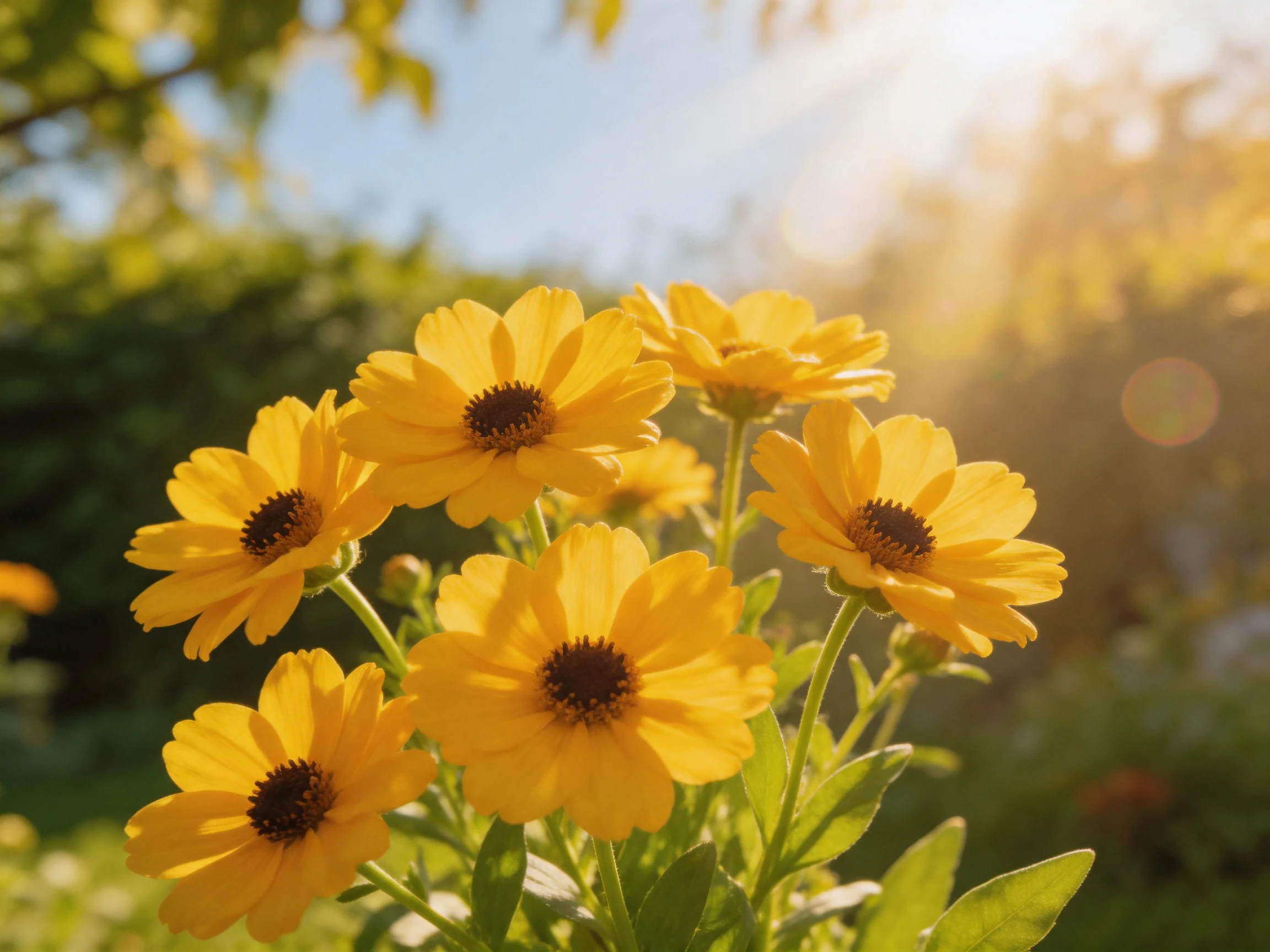 Six bright yellow flowers bloom in a sun-drenched garden