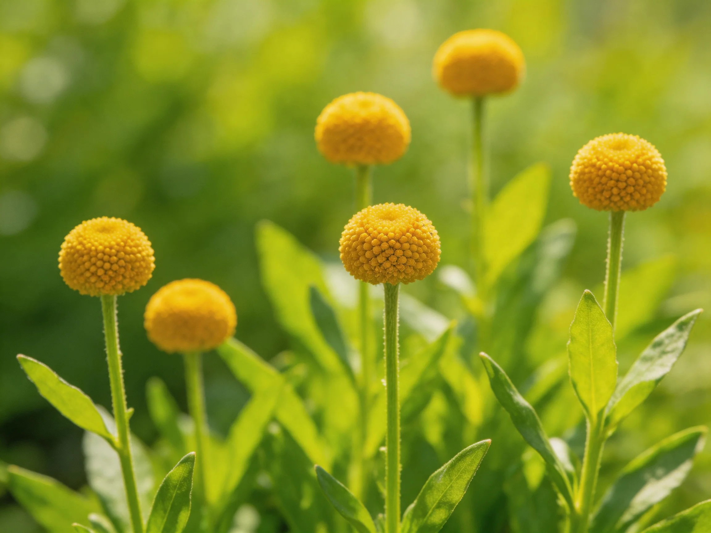 Six bright yellow spherical flowers among lush green foliage