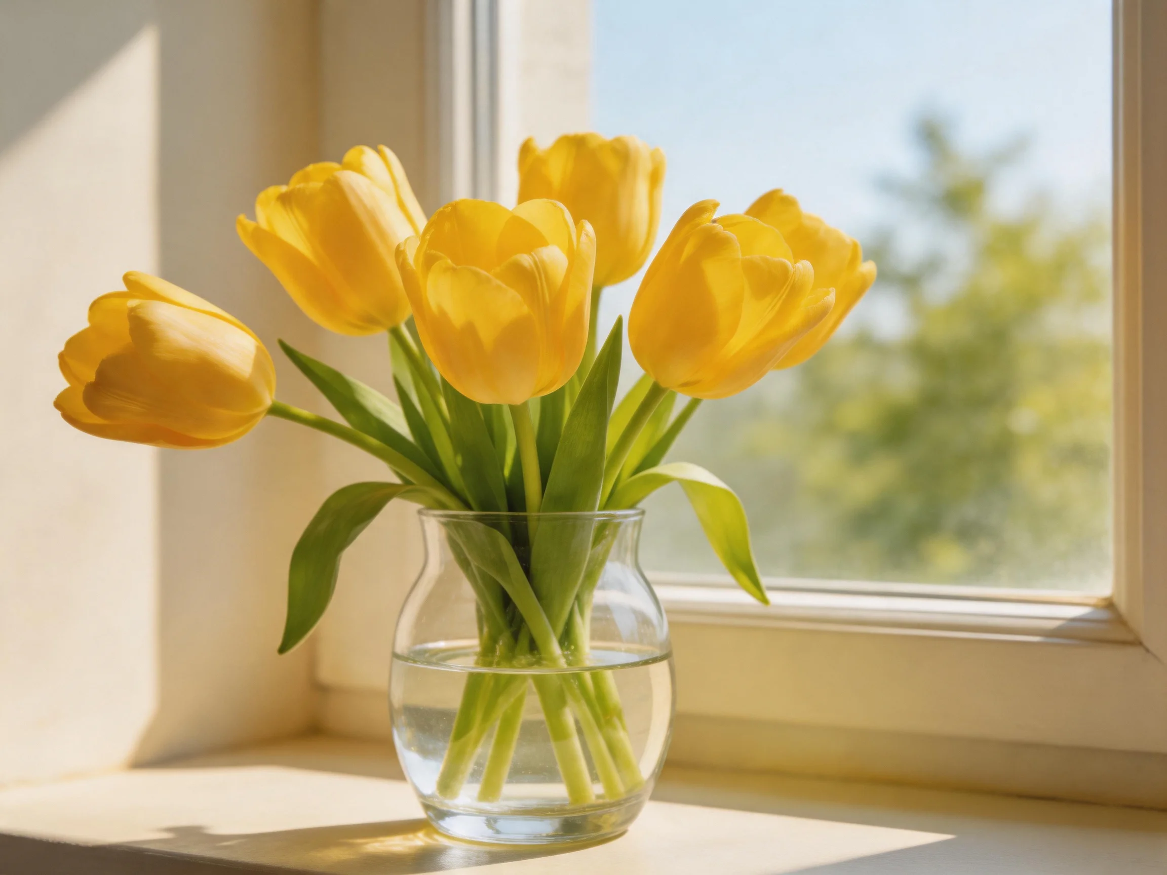 Six bright yellow tulips in a clear glass vase near a sunlit window