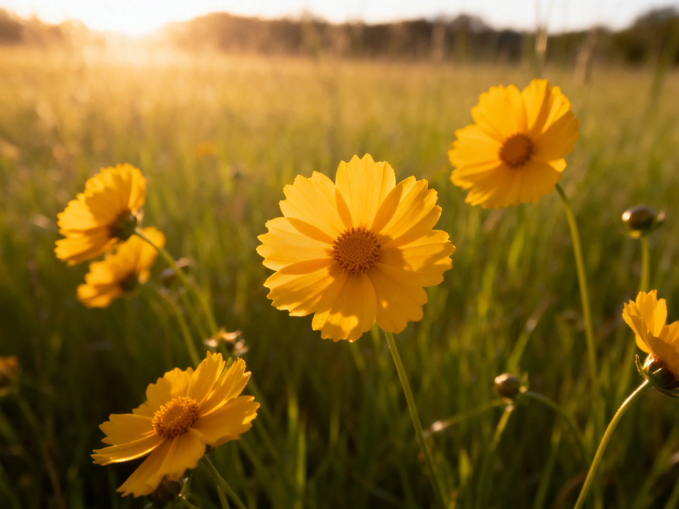 Six bright yellow wildflowers bloom in a sunlit green meadow