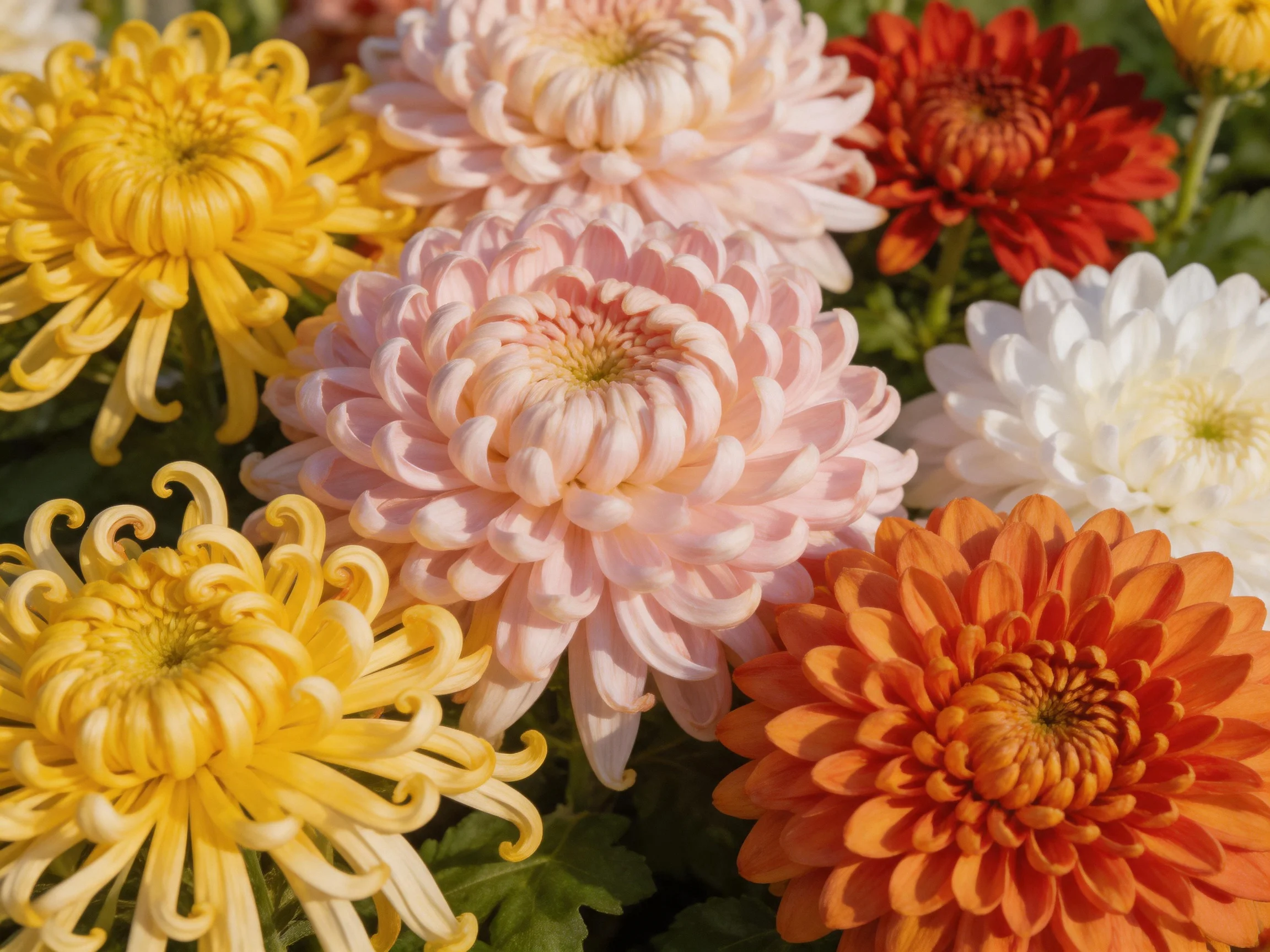 Six chrysanthemums display diverse colors and petal arrangements