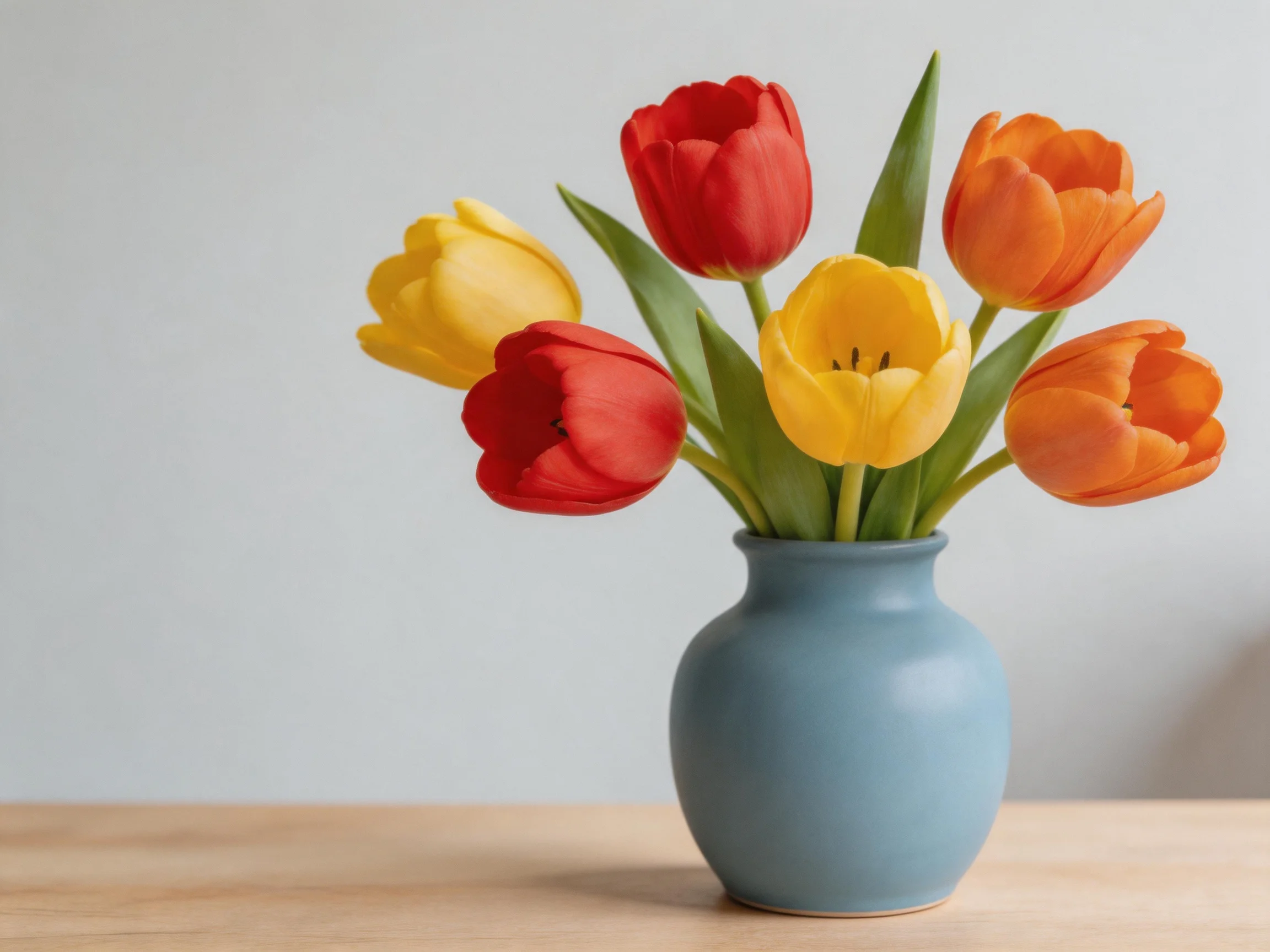 Six colorful tulips in red, yellow, and orange arranged in a blue vase
