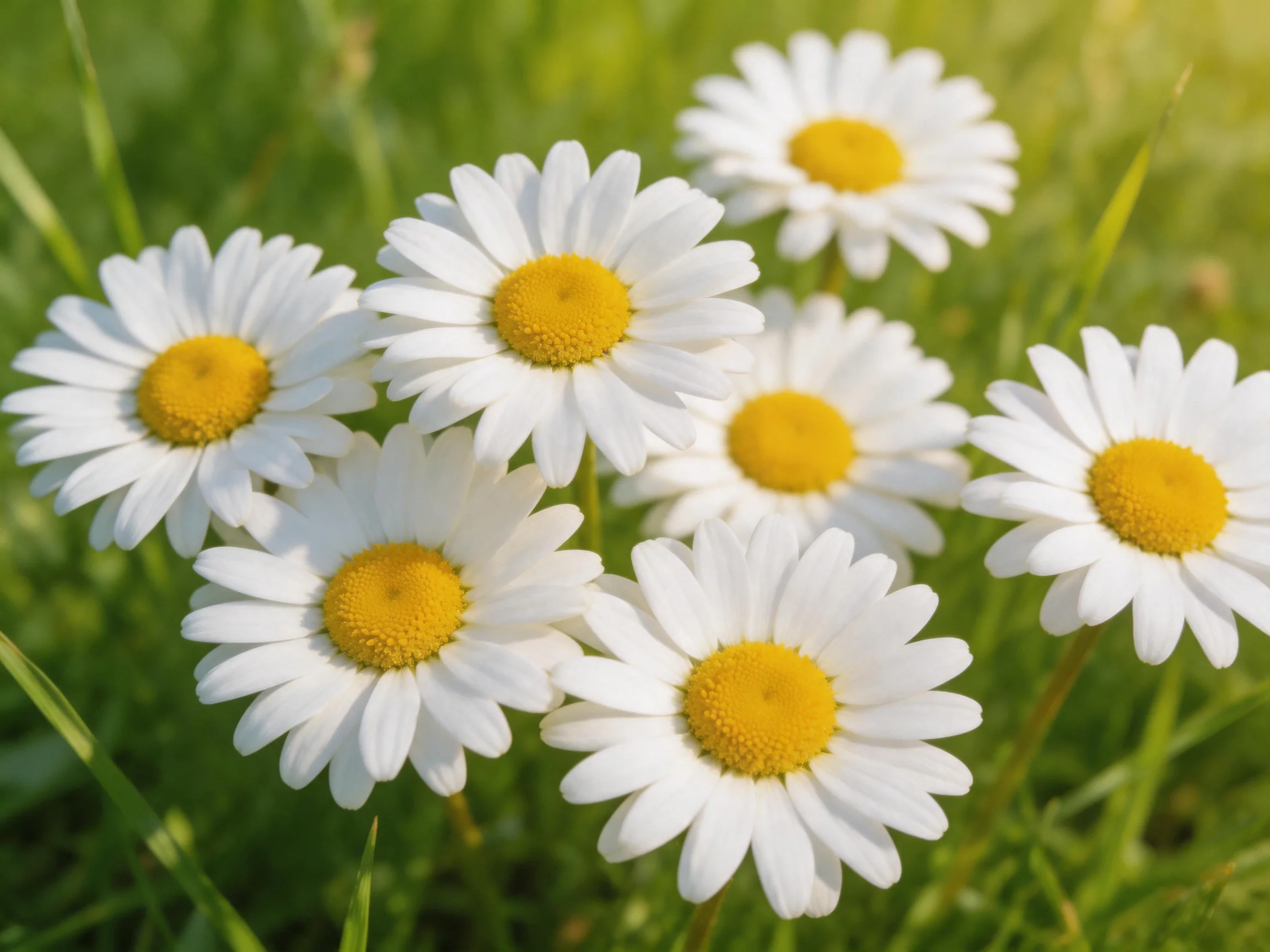 Six daisies with white petals and yellow centers bloom among lush green grass
