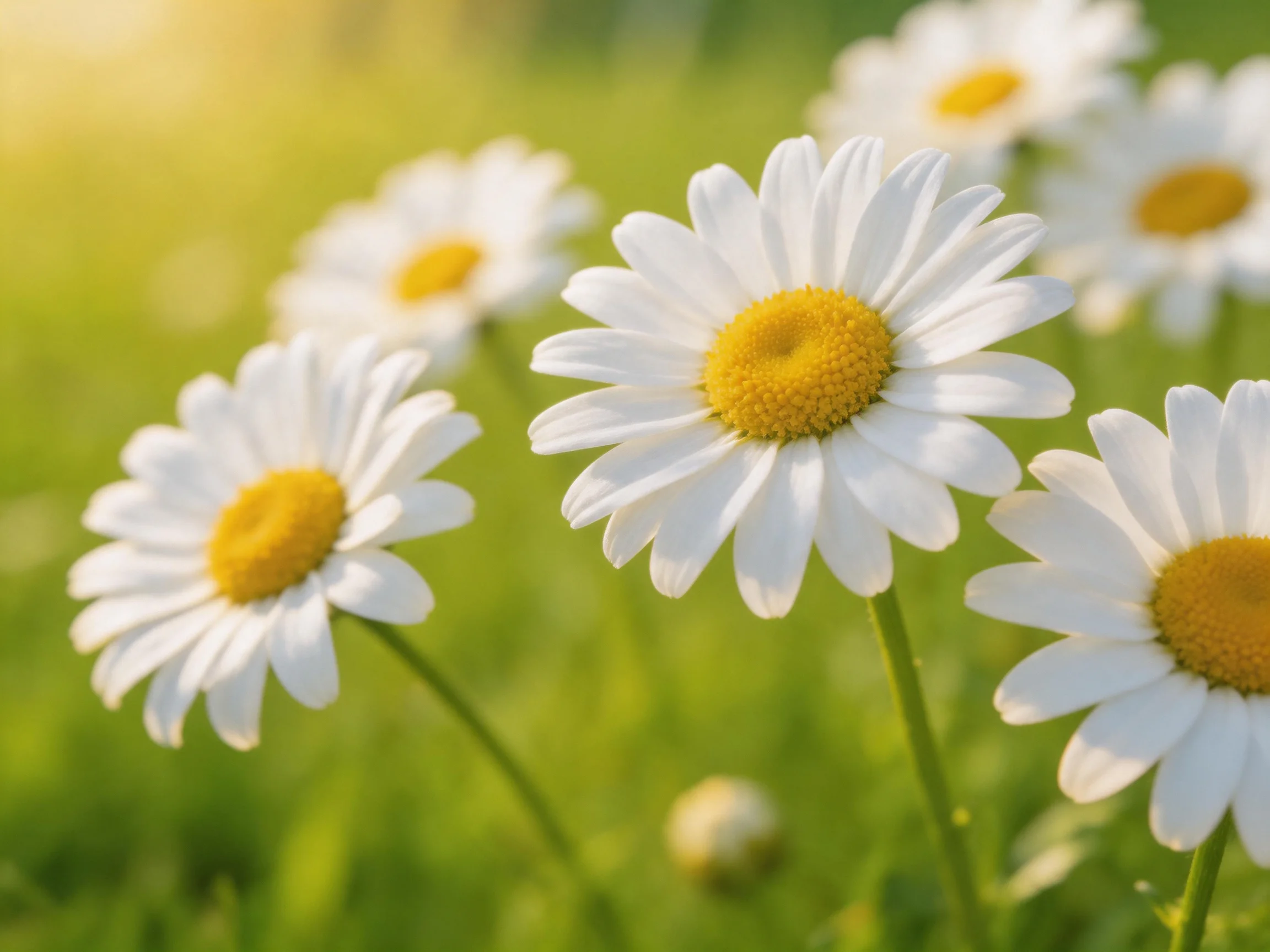 Six daisies with white petals and yellow centers bloom in a sunlit meadow