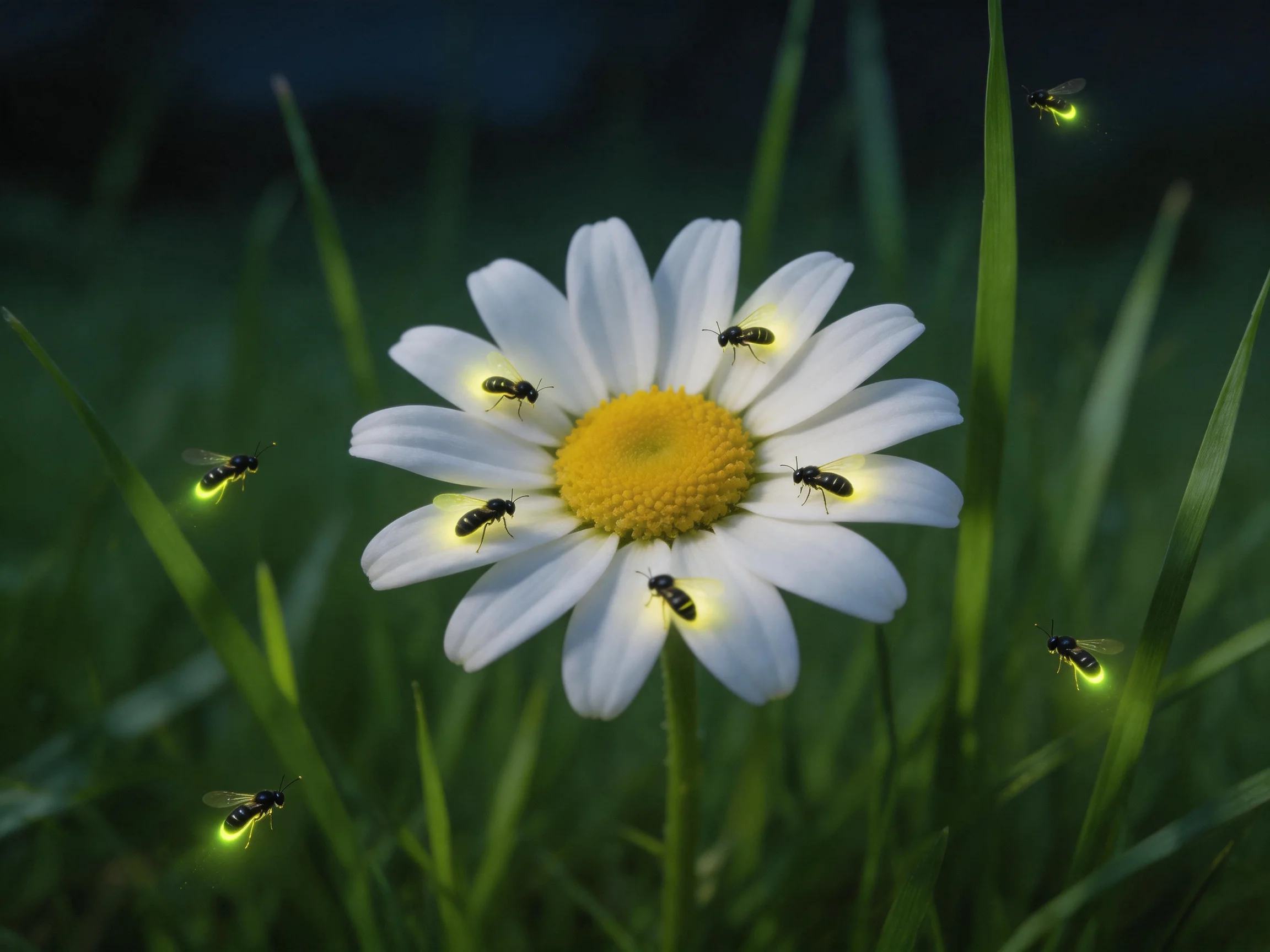 Six glowing fireflies surround a daisy in lush green grass