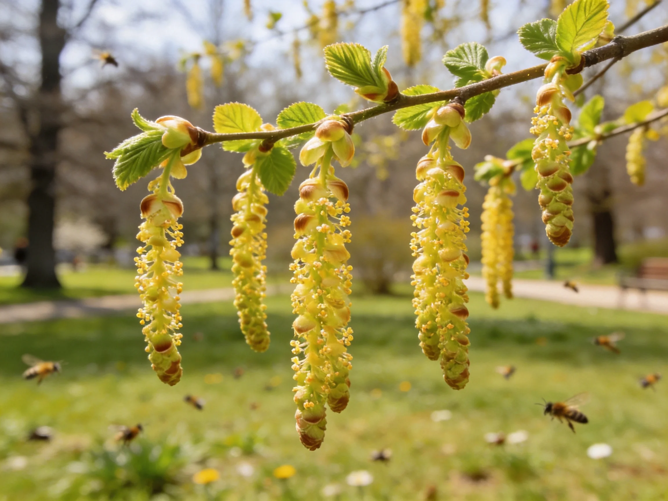 Six golden catkins hang from branches with bees in a sunlit park
