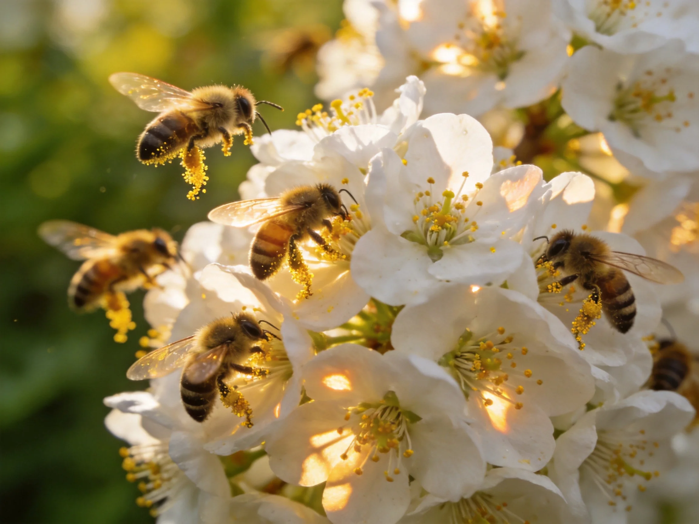 Six honeybees collecting pollen from delicate white blossoms