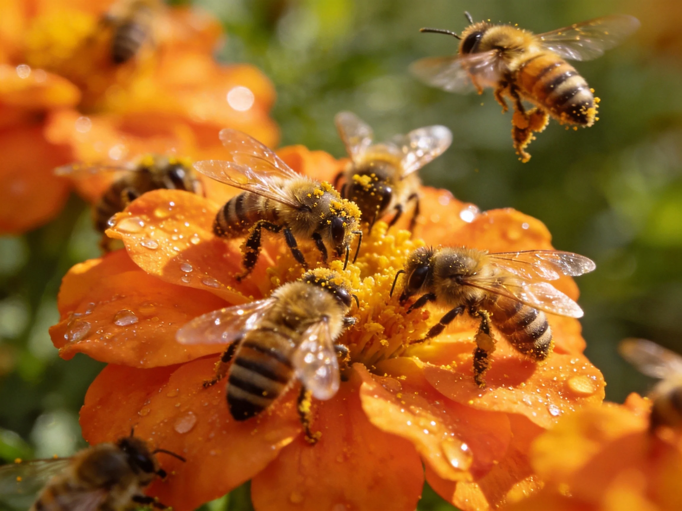 Six honeybees gathering nectar from vibrant orange flowers