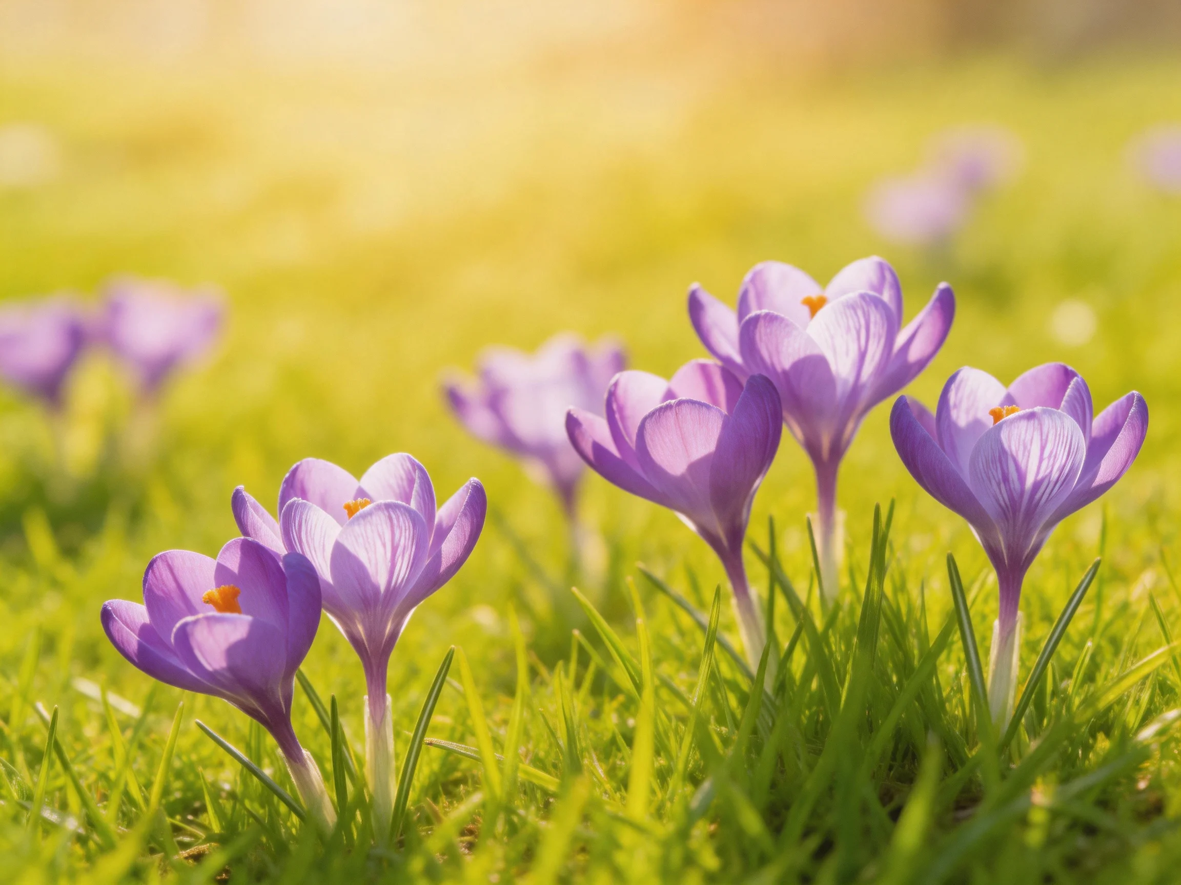 Six lavender crocuses bloom among vibrant green grass under bright sunlight