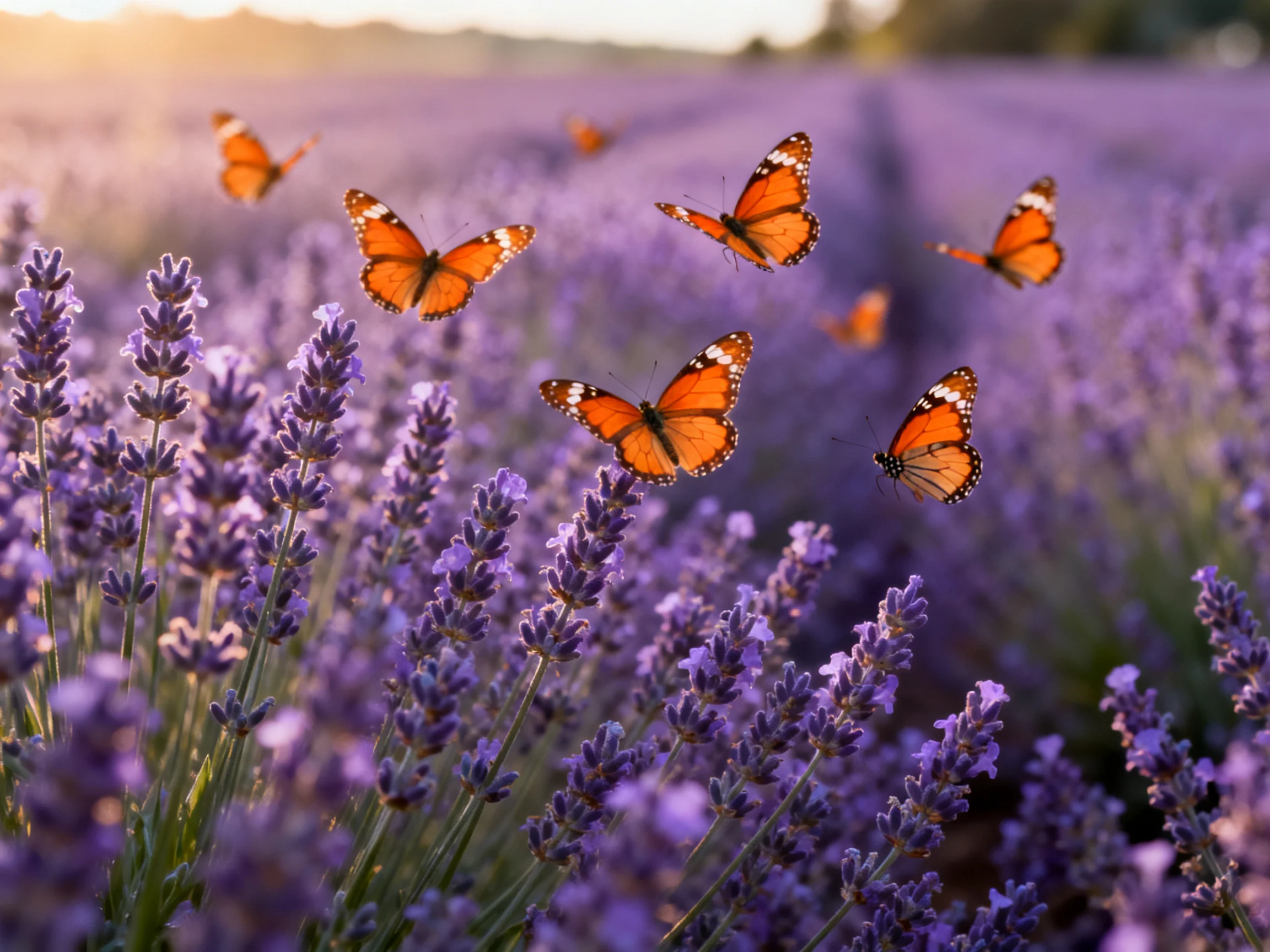 Six monarch butterflies fluttering over a vast lavender field at sunset