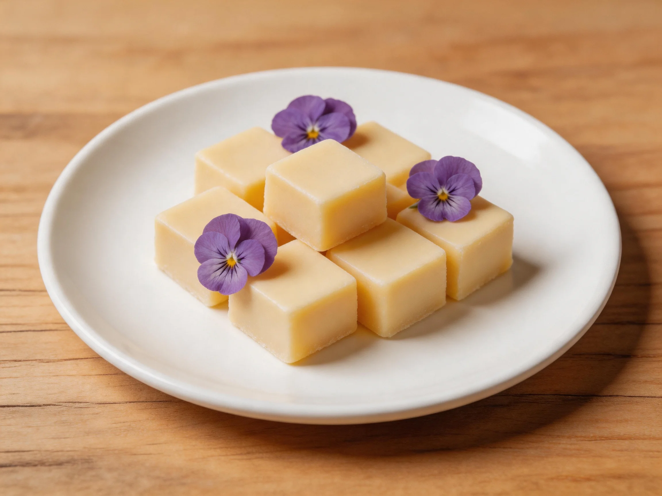 Six pale yellow cube - shaped confections garnished with purple edible flowers on a white plate