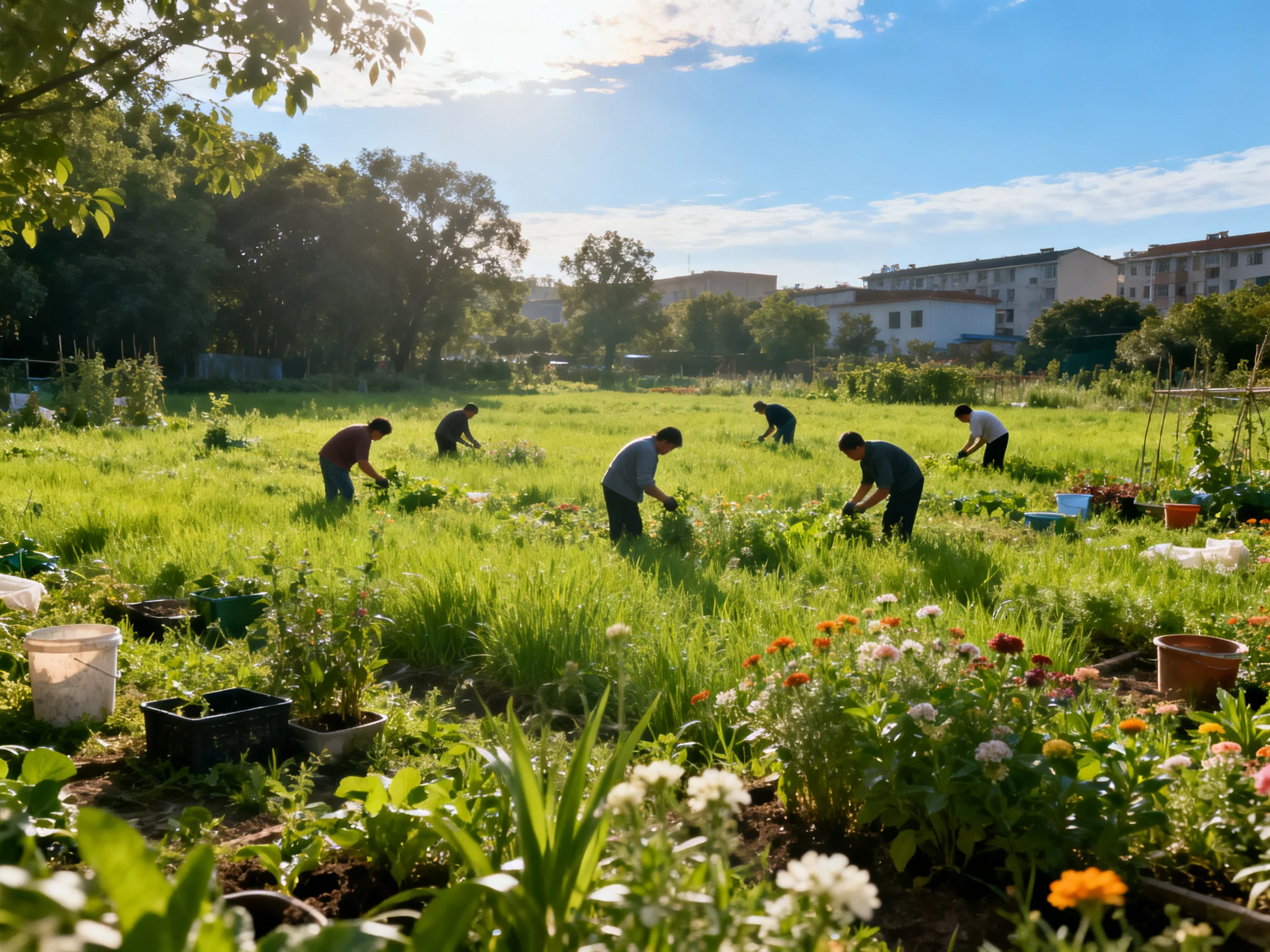 Six people tending vibrant gardens under bright sunlight