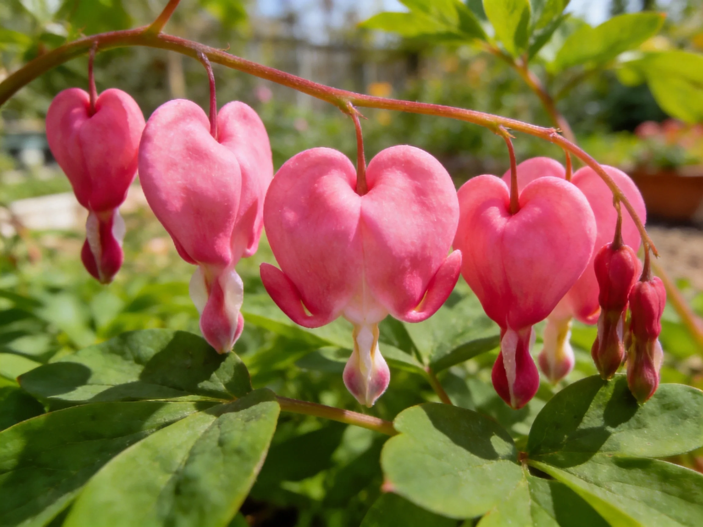 Six pink bleeding heart flowers hang from a branch with green foliage