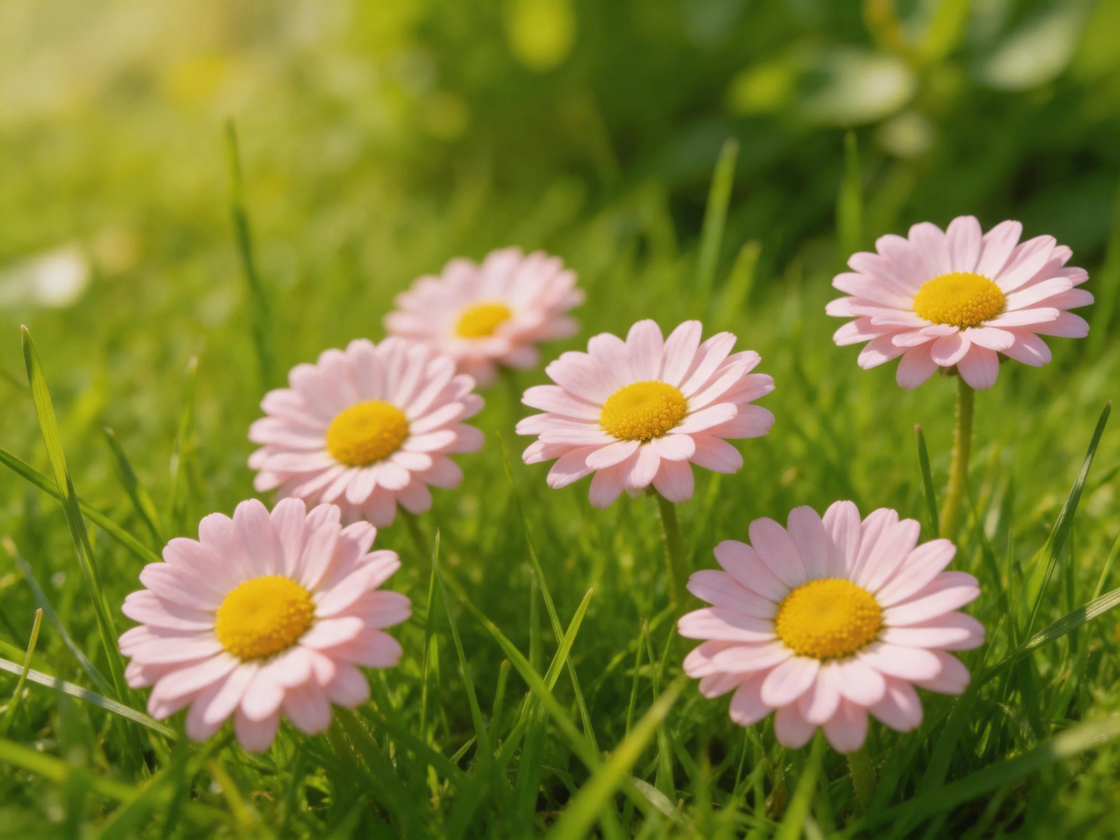 Six pink daisies bloom in lush green grass under bright sunlight
