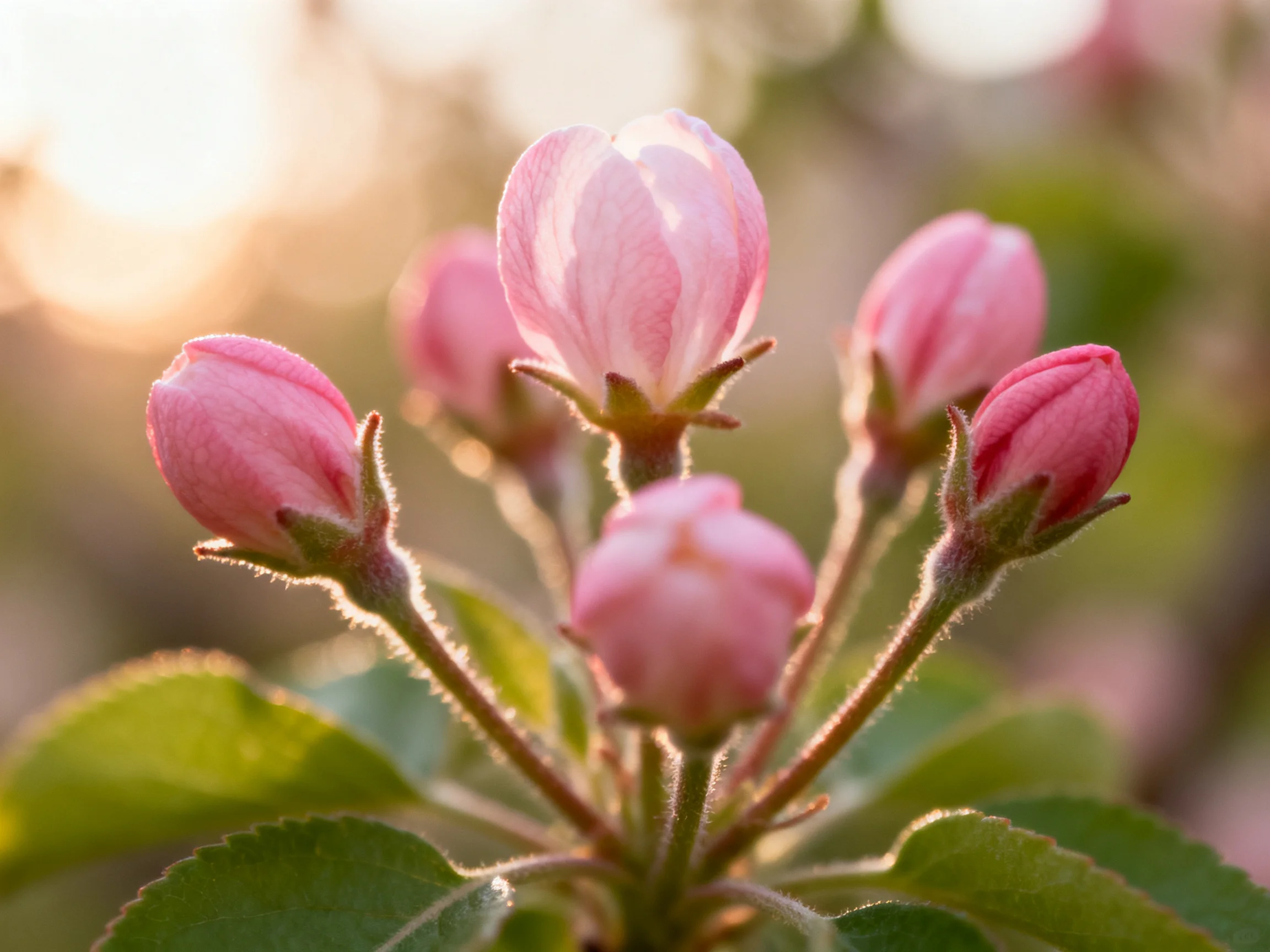 Six pink flower buds bloom among green leaves in warm sunlight