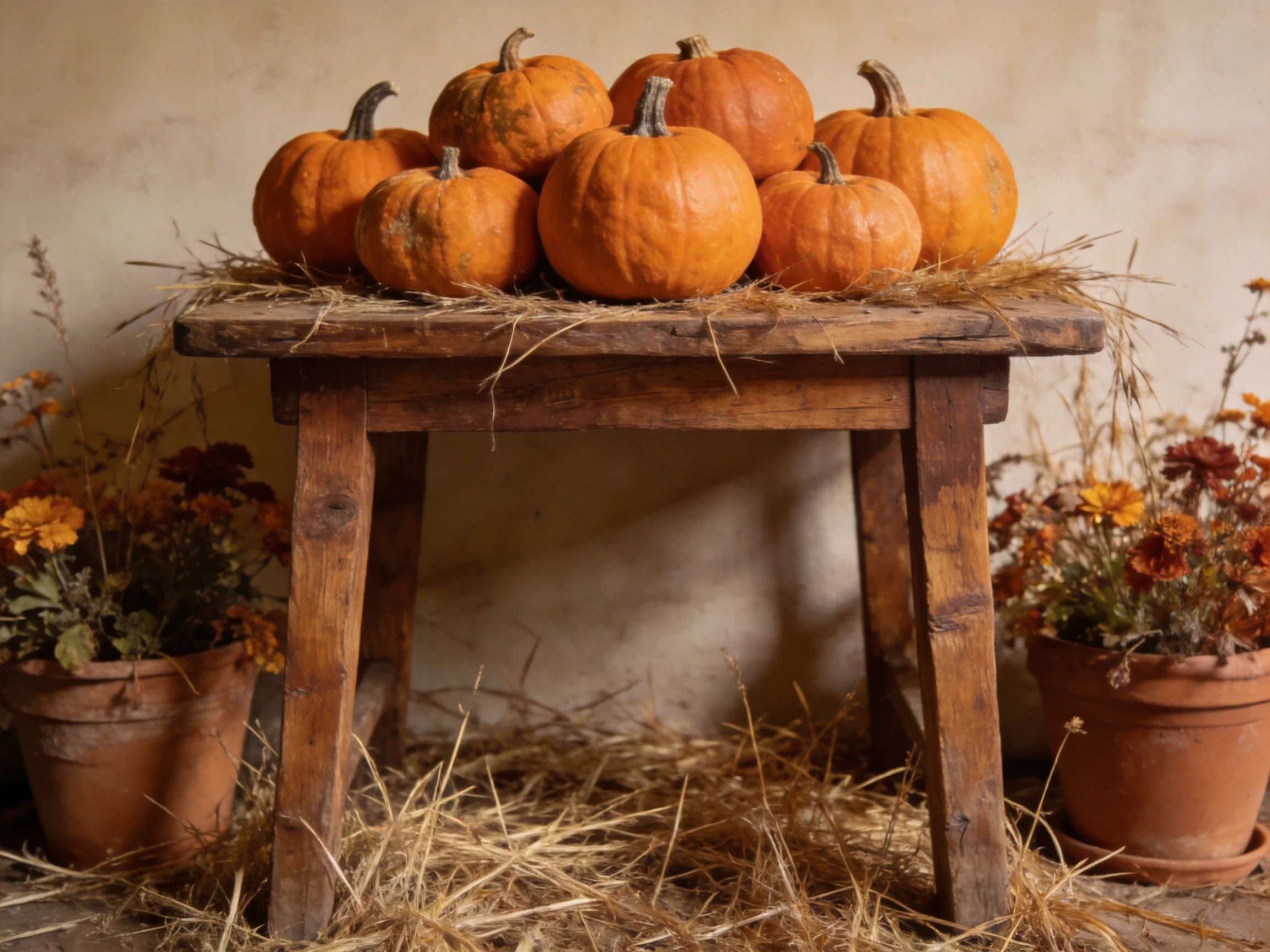 Six small orange pumpkins arranged on a rustic wooden table with straw