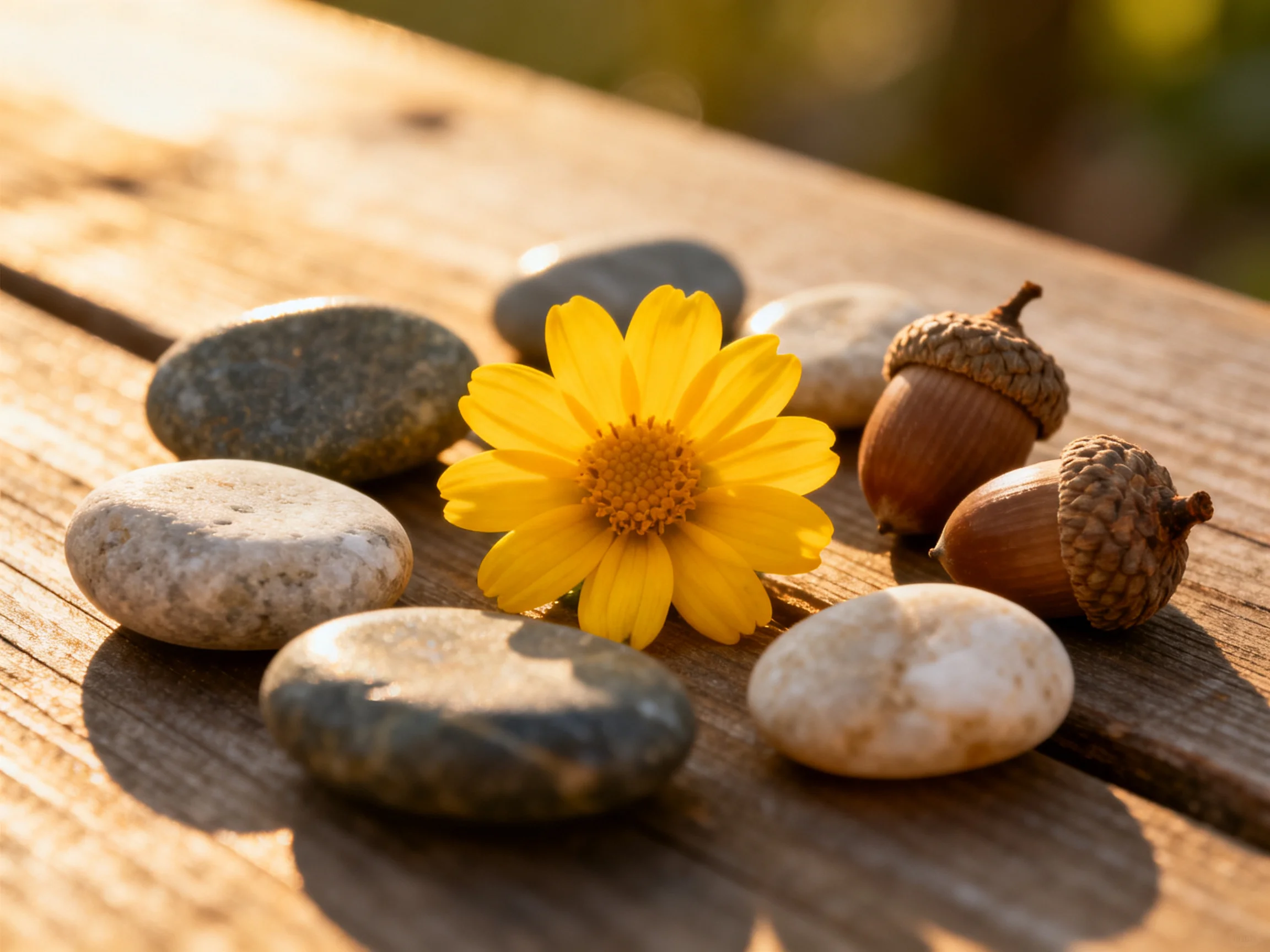 Six smooth stones, a bright yellow flower, and two acorns rest on a wooden surface.