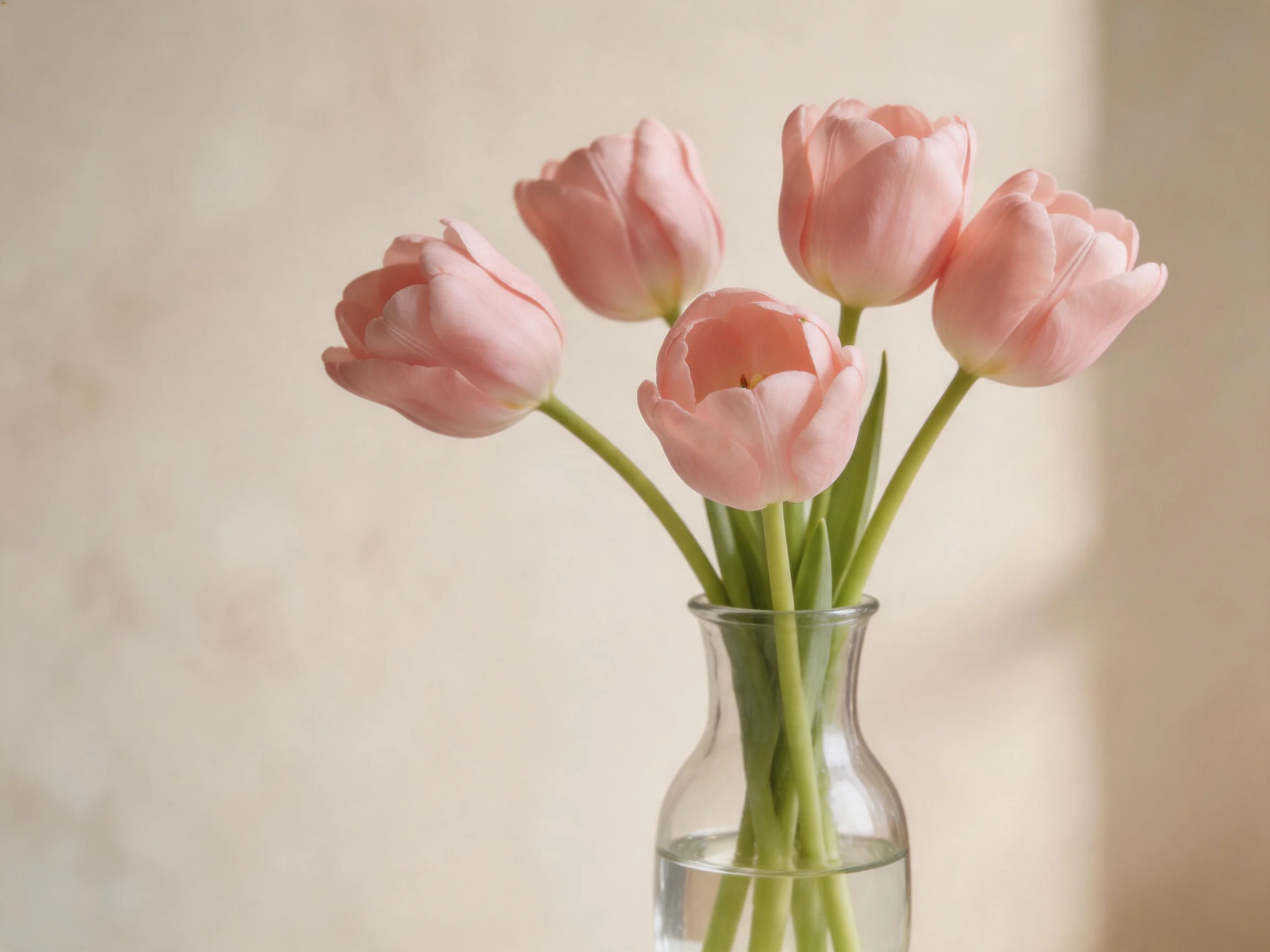 Six soft pink tulips arranged in a clear glass vase with water