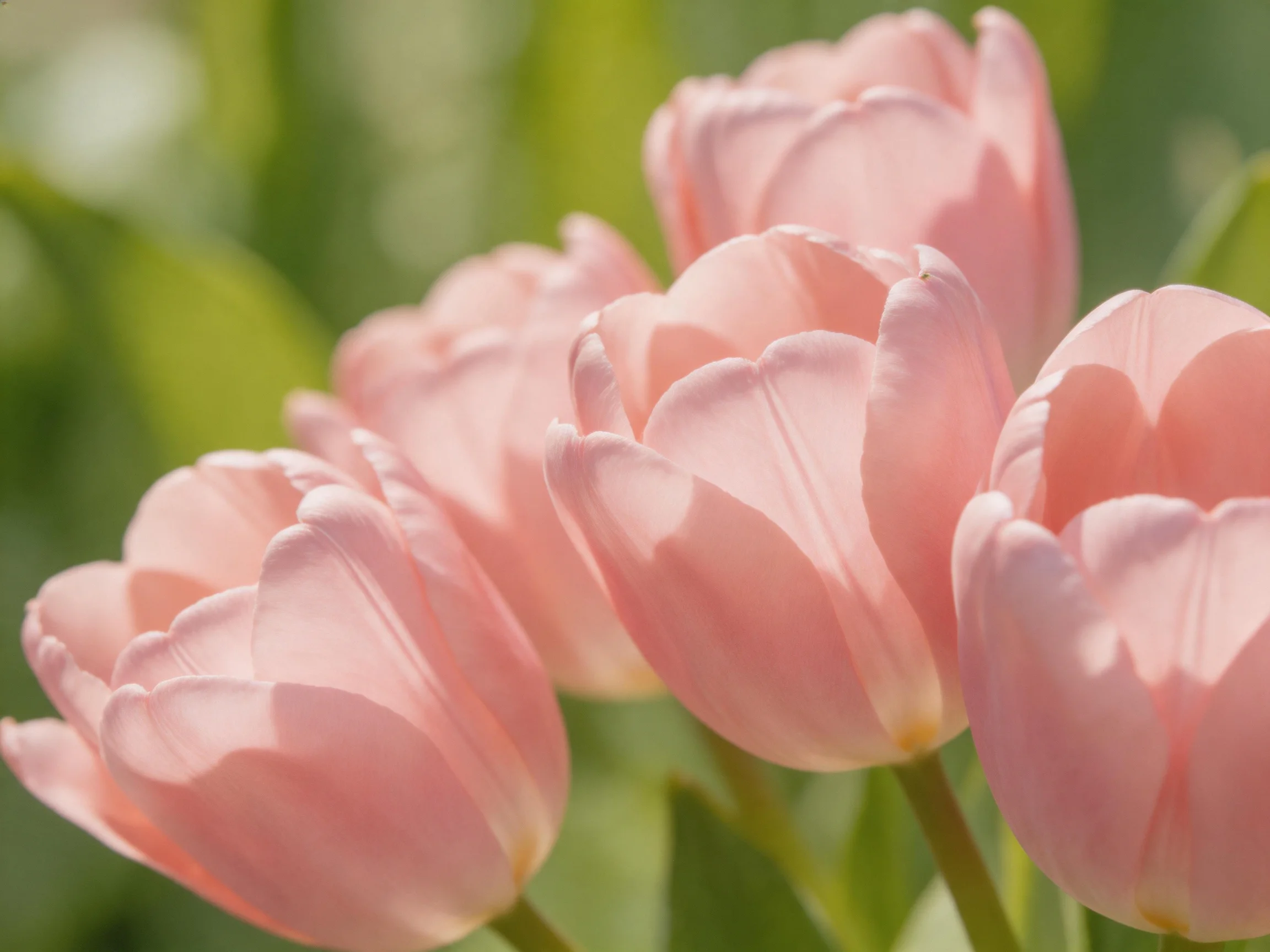 Six soft pink tulips clustered in a sunlit garden setting