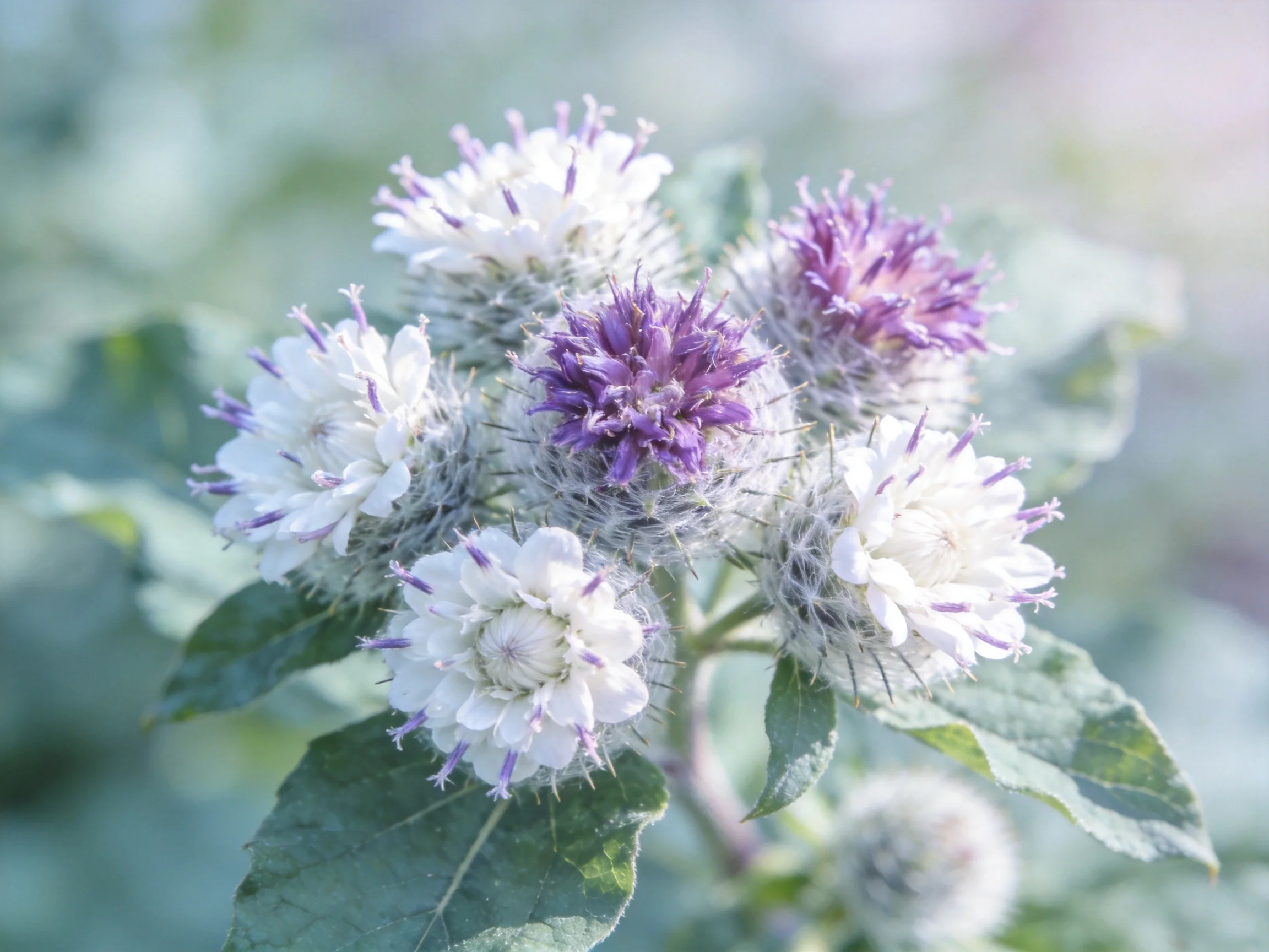 Six spherical blooms in white and purple hues amid green foliage