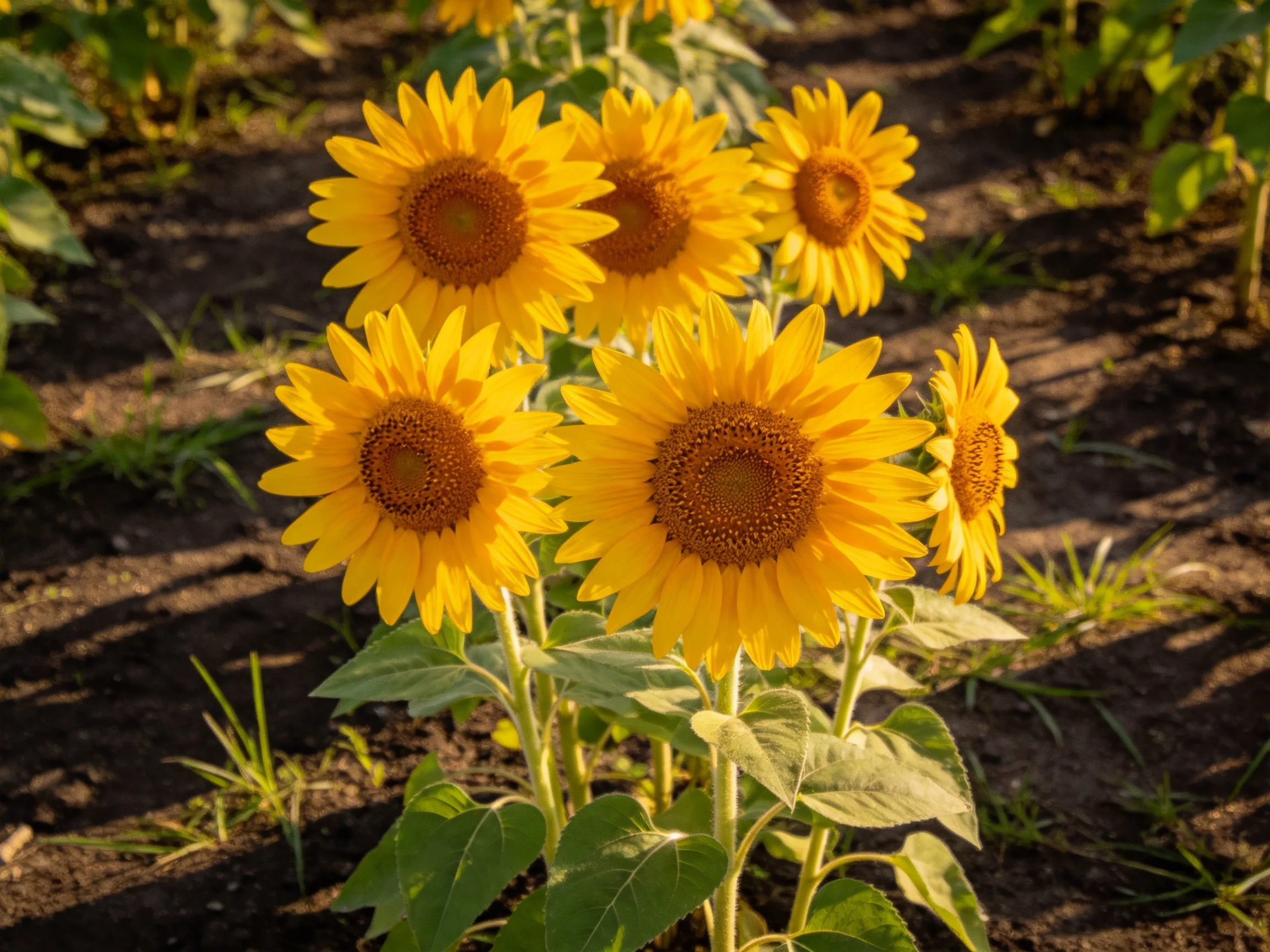 Six sunflowers with golden petals bloom in a sunlit garden