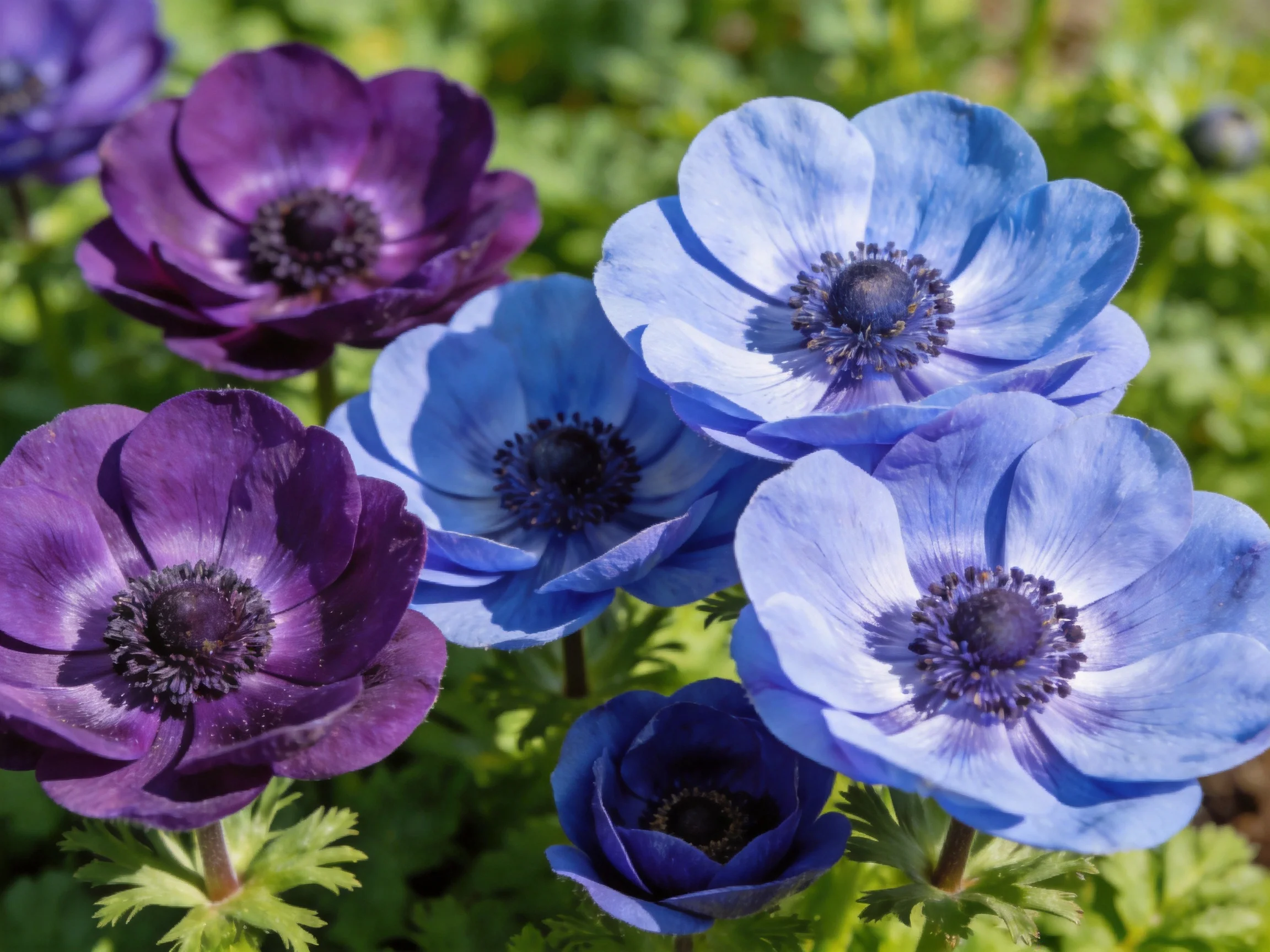 Six vibrant anemones bloom in purple and blue shades among green foliage
