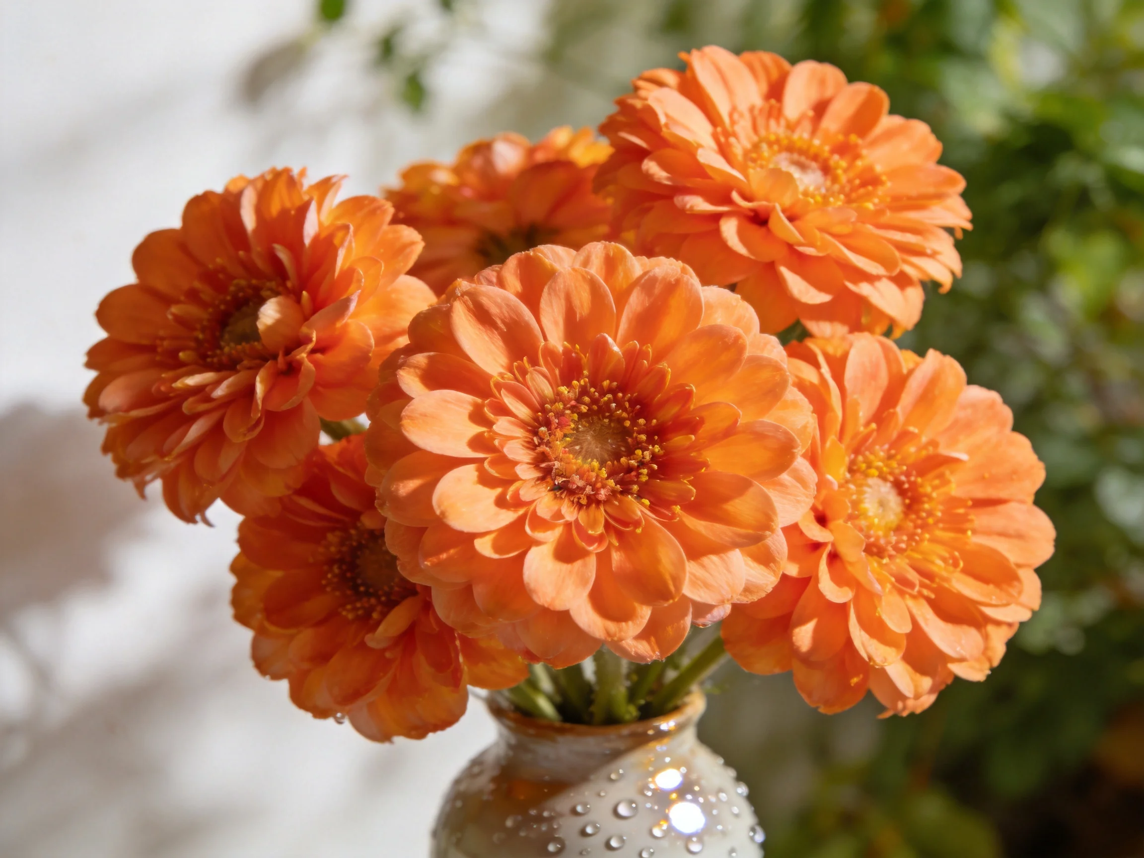 Six vibrant orange blooms in a dewy ceramic vase