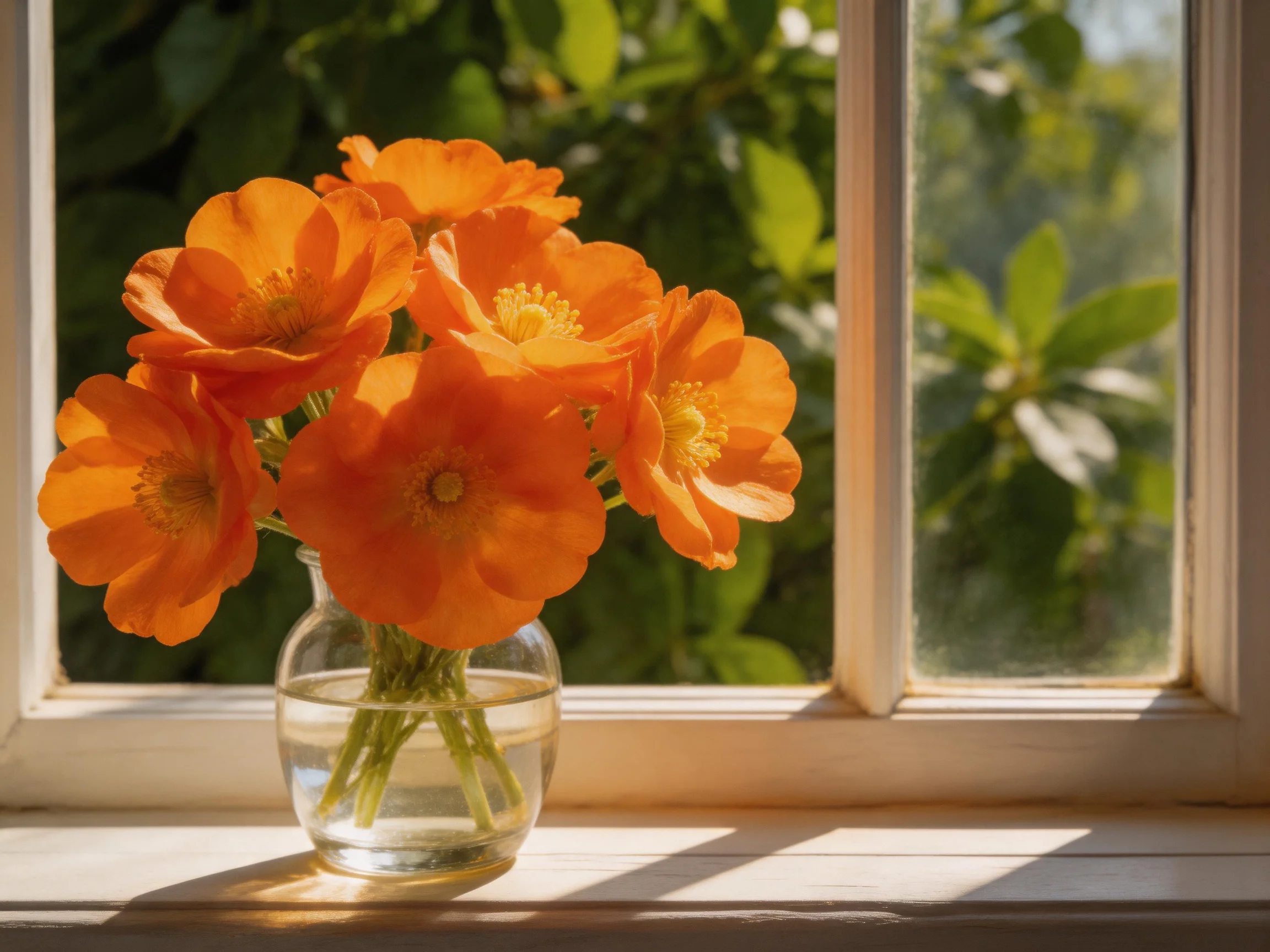 Six vibrant orange flowers in a glass vase by a sunlit window