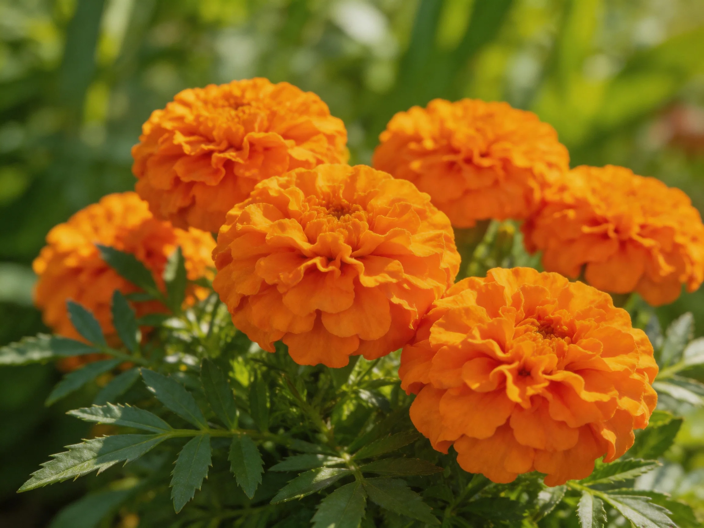 Six vibrant orange marigolds bloom among lush green foliage