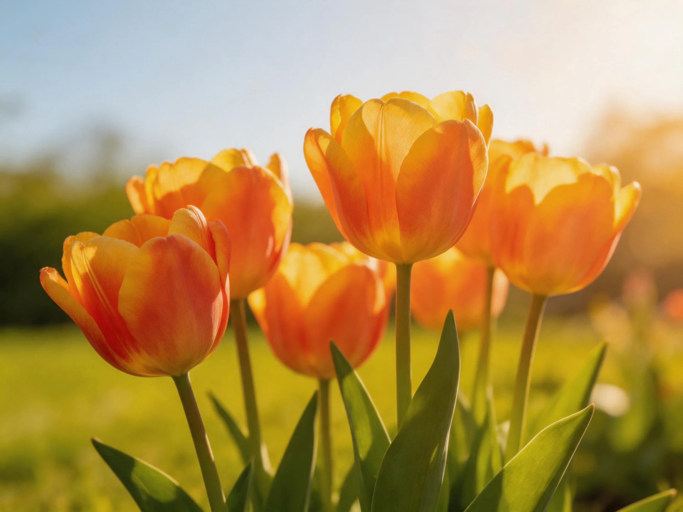 Six vibrant orange tulips blooming in a sunlit meadow