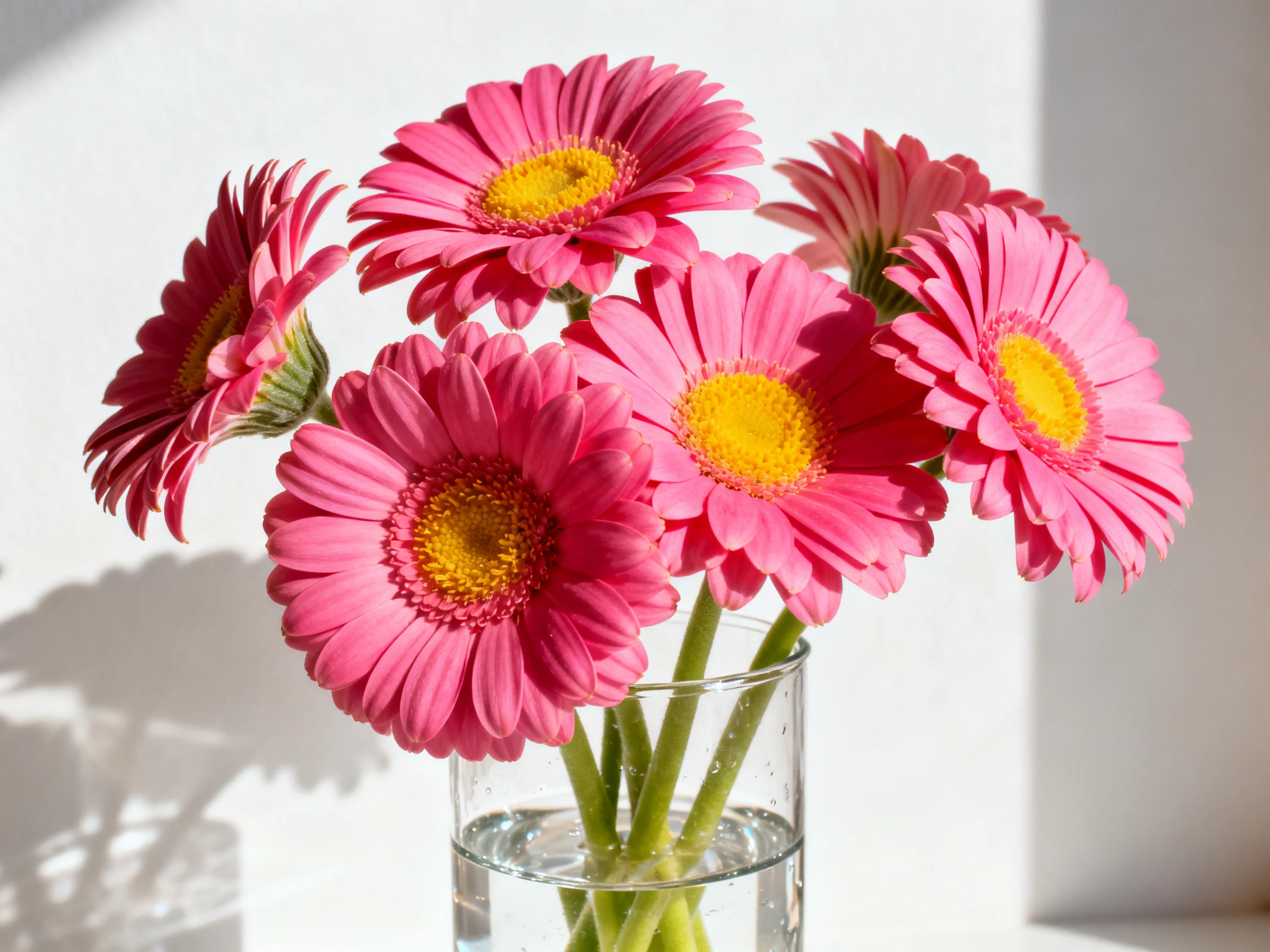 Six vibrant pink gerbera daisies arranged in a clear glass vase