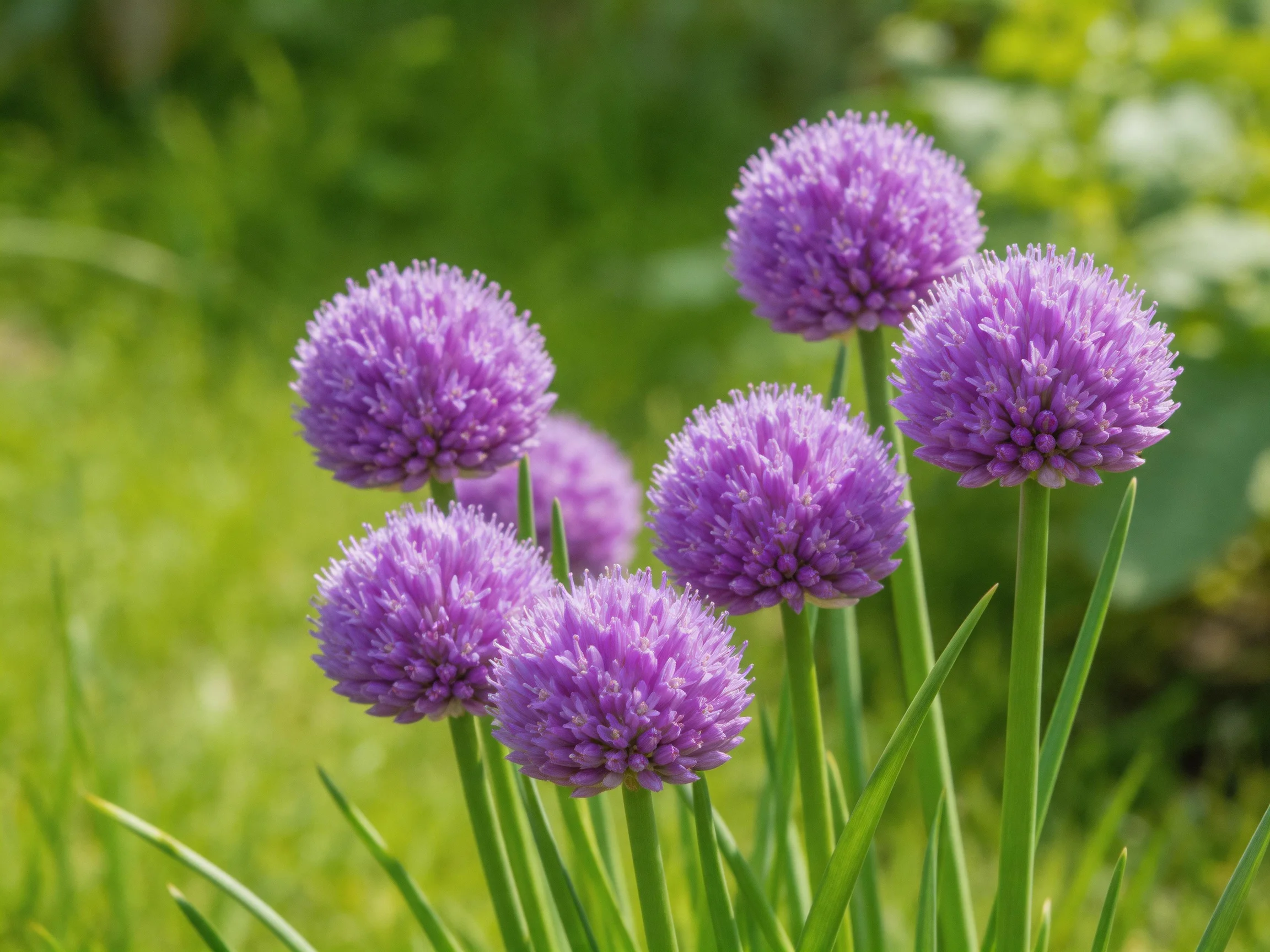 Six vibrant purple allium blooms stand among lush green foliage.