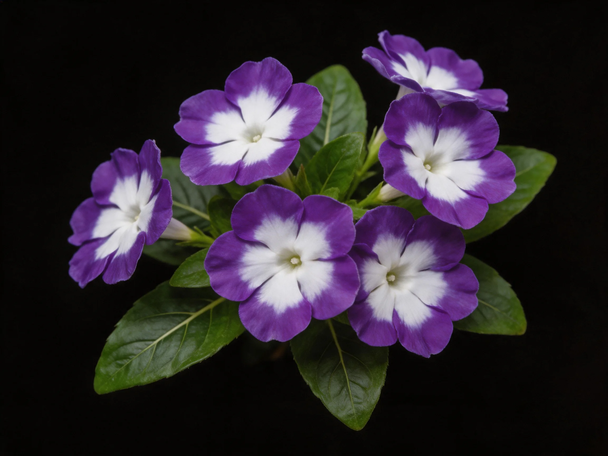 Six vibrant purple and white flowers with lush green leaves against a black backdrop