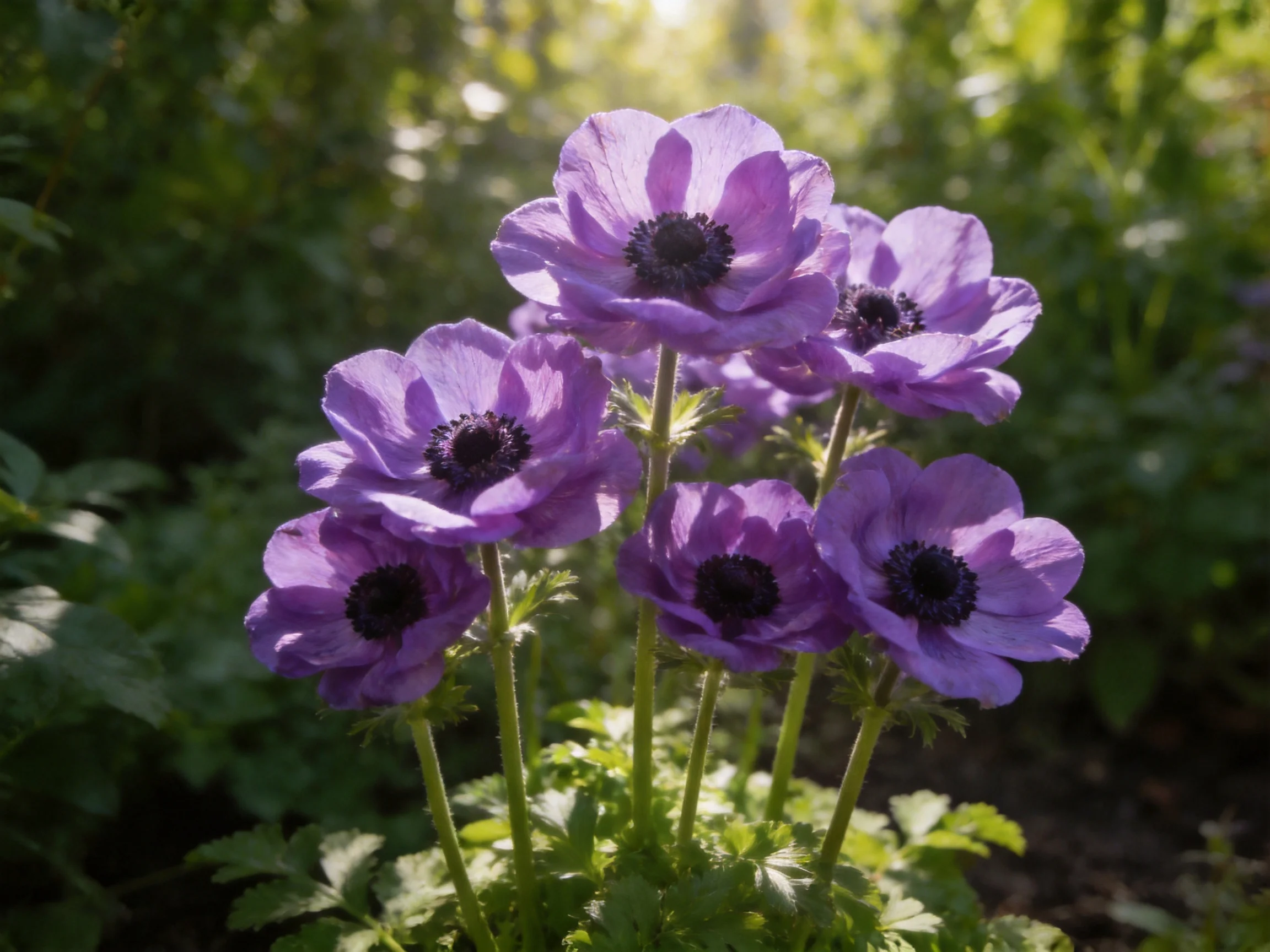 Six vibrant purple anemones bloom in a sun-dappled garden