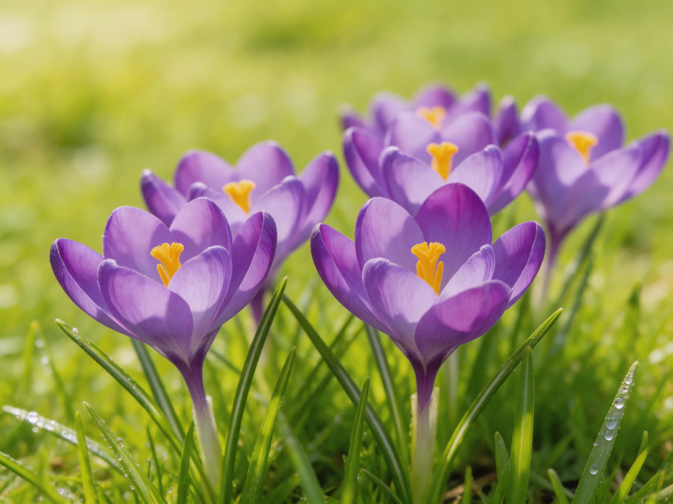 Six vibrant purple crocus blooms in lush green grass