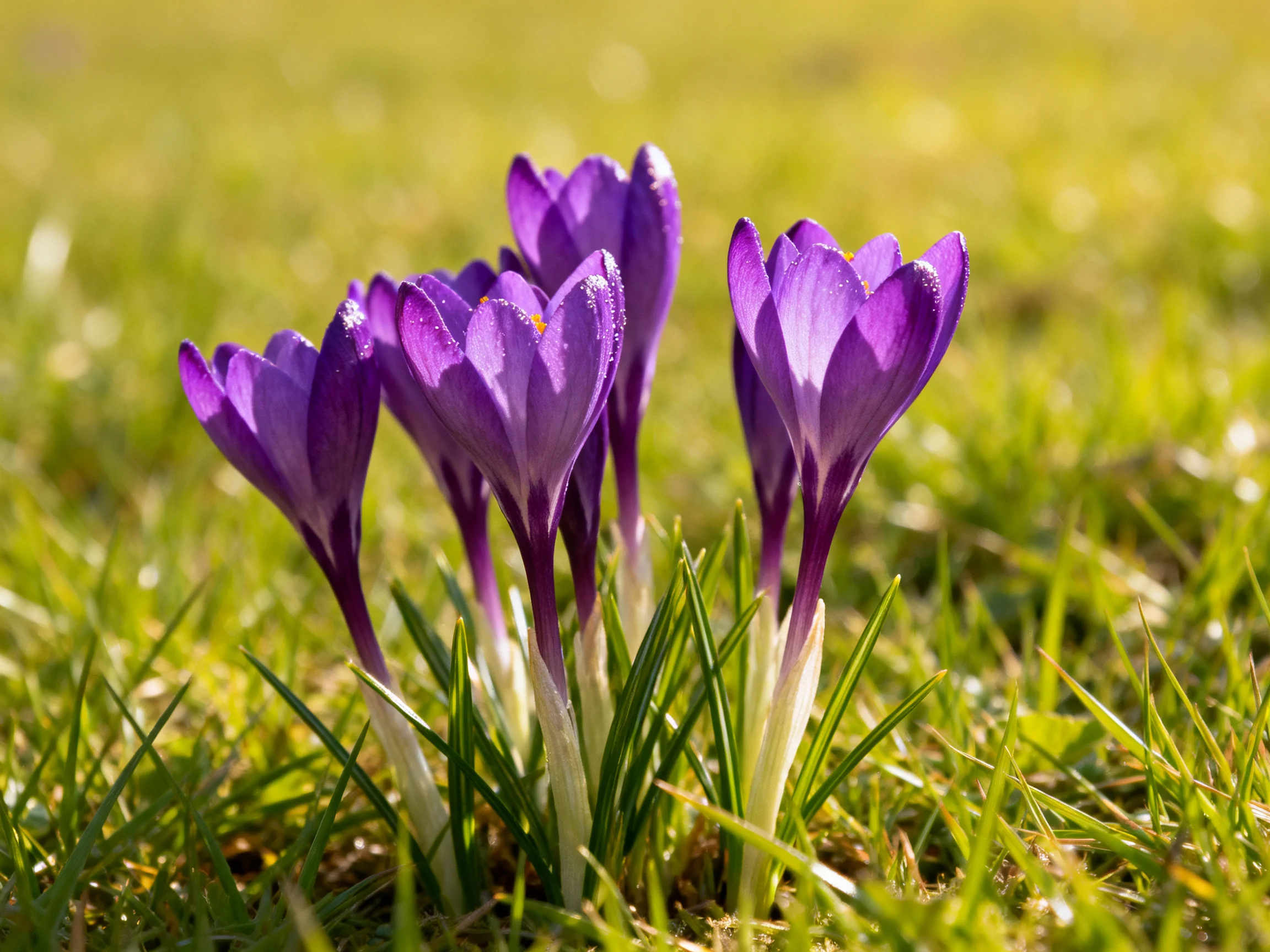 Six vibrant purple crocuses bloom among lush green grass