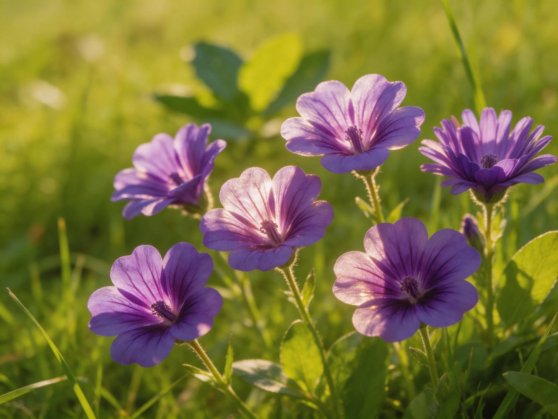 Six vibrant purple flowers bloom amid lush green grass under golden sunlight