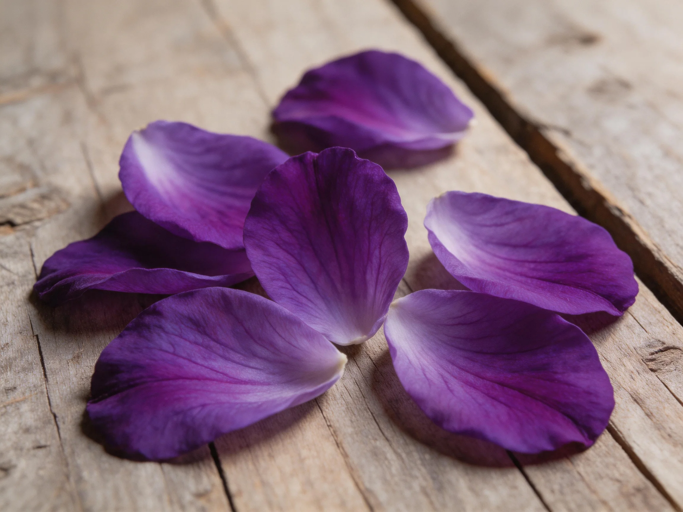 Six vibrant purple rose petals scattered on weathered wooden planks
