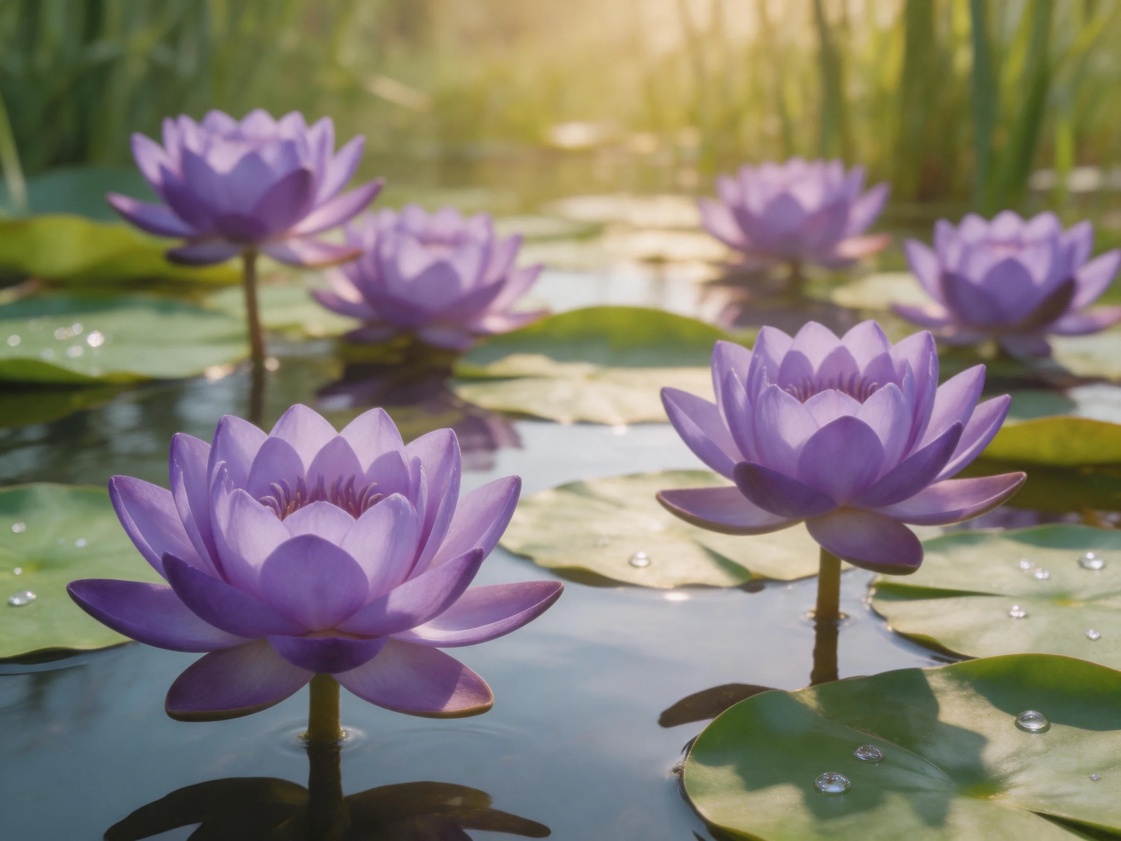 Six vibrant purple water lilies bloom among green lily pads in calm water