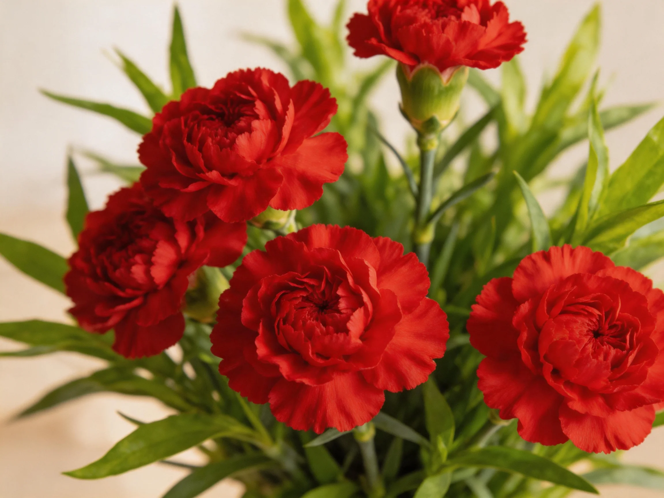 Six vibrant red carnations with lush green foliage