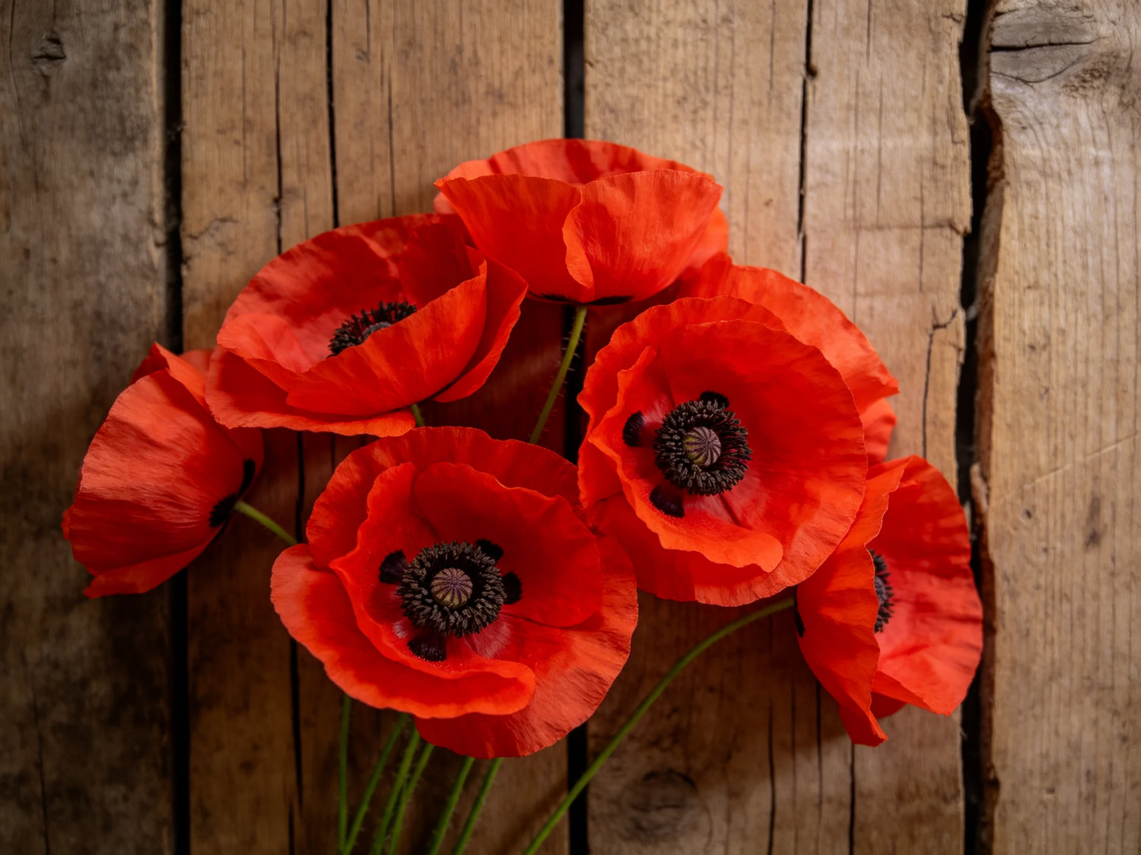 Six vibrant red poppies arranged against weathered wooden planks