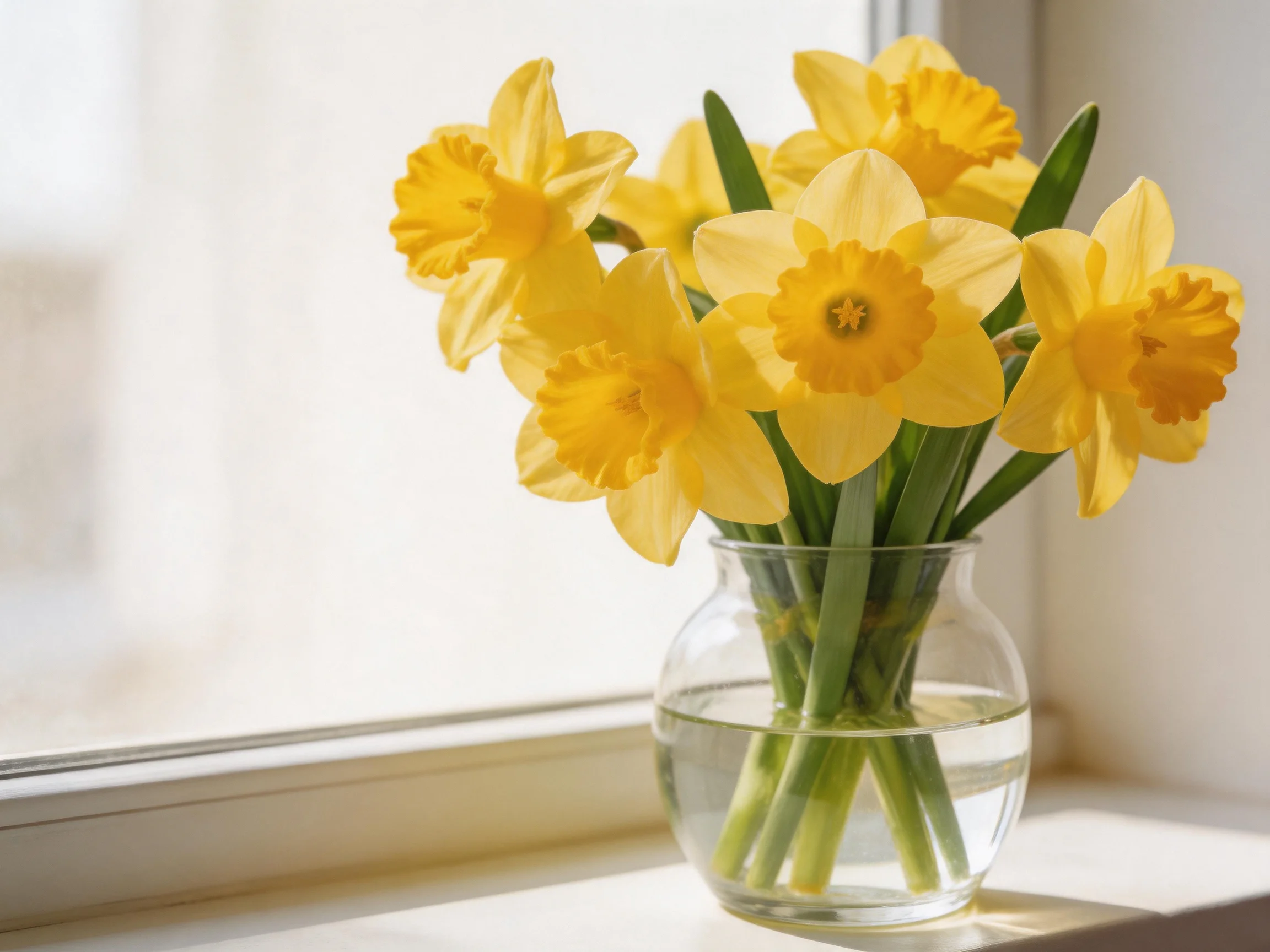 Six vibrant yellow daffodils arranged in a clear glass vase near a bright window